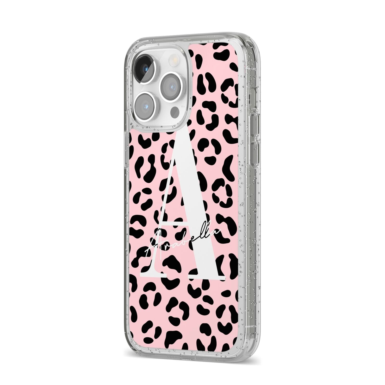 Personalised Leopard Print Pink Black iPhone 14 Pro Max Glitter Tough Case Silver Angled Image