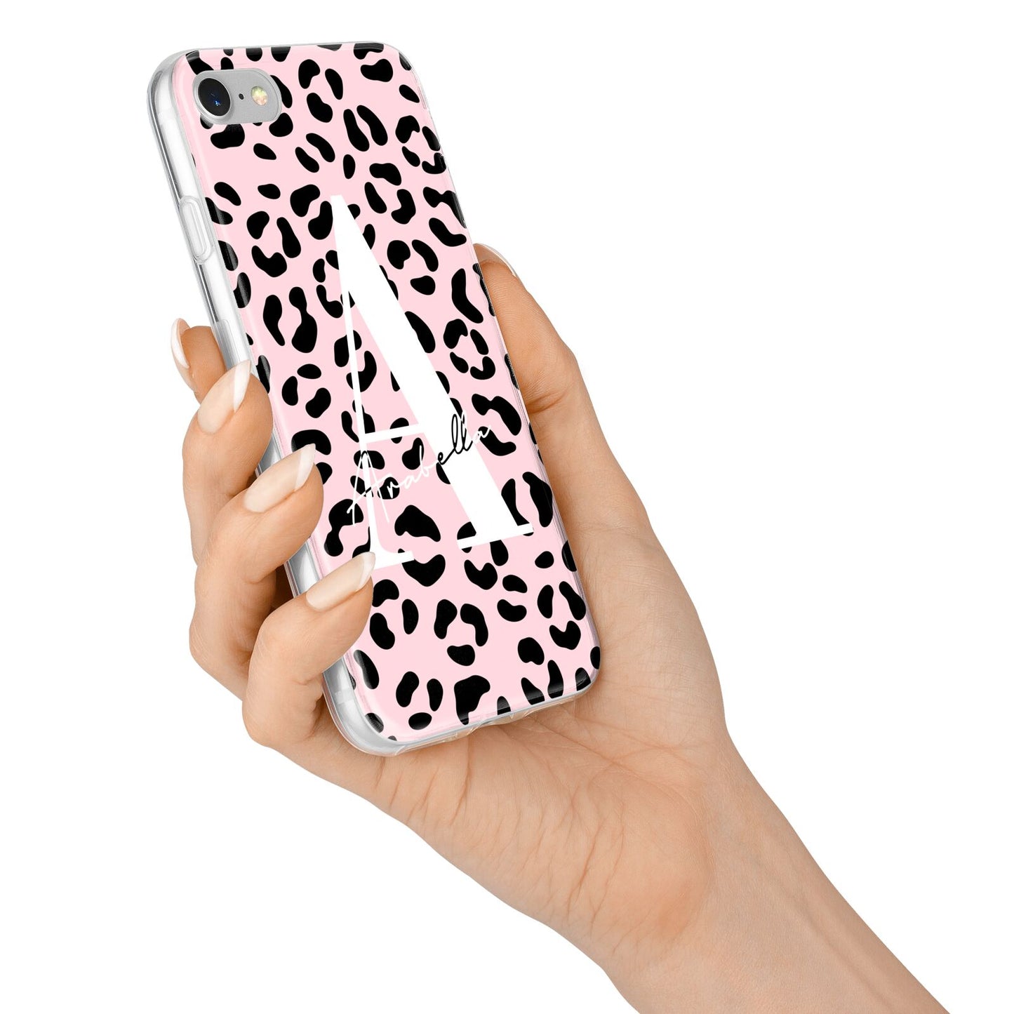 Personalised Leopard Print Pink Black iPhone 7 Bumper Case on Silver iPhone Alternative Image