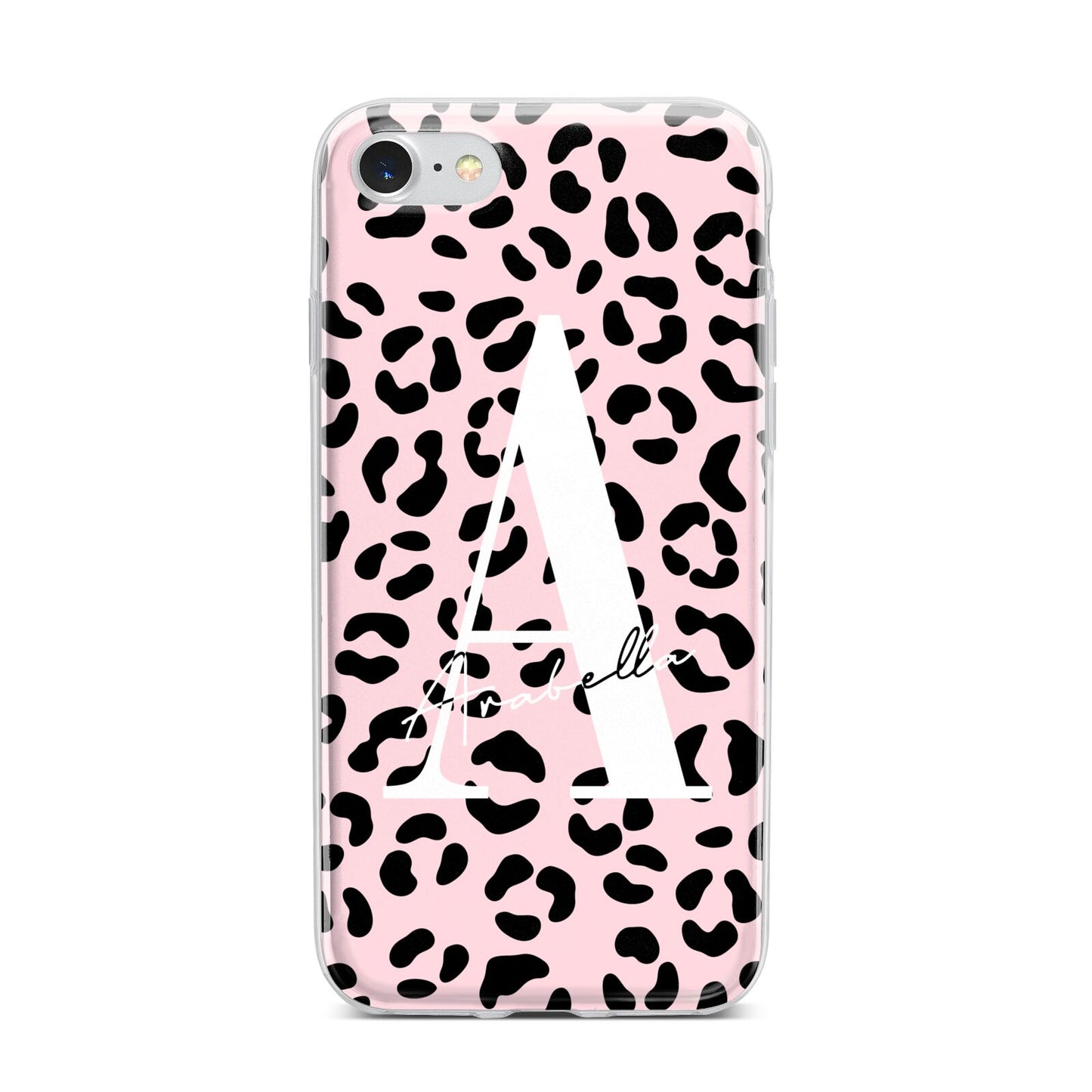 Personalised Leopard Print Pink Black iPhone 7 Bumper Case on Silver iPhone