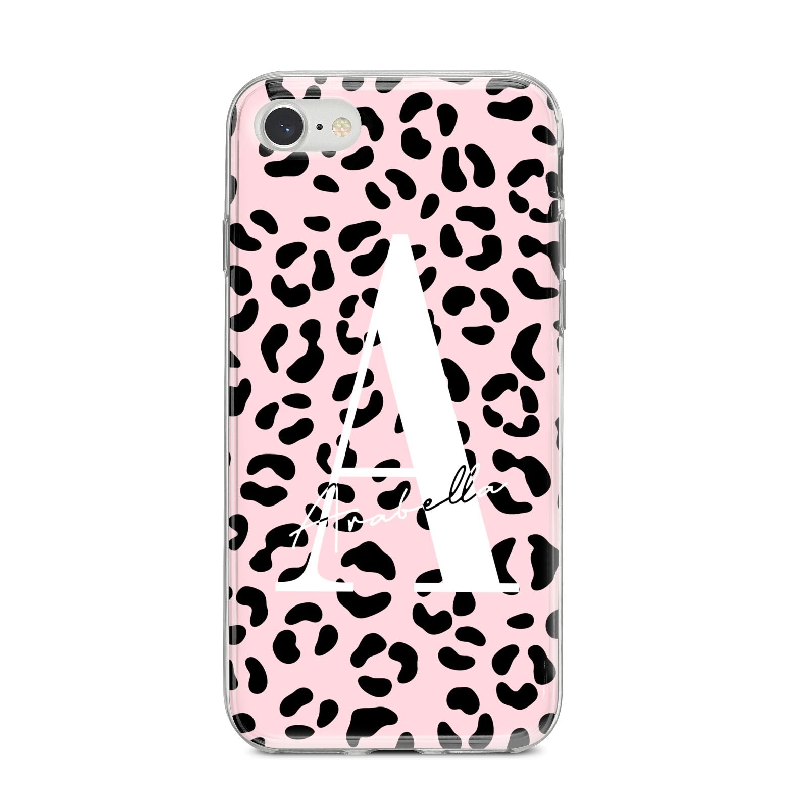 Personalised Leopard Print Pink Black iPhone 8 Bumper Case on Silver iPhone
