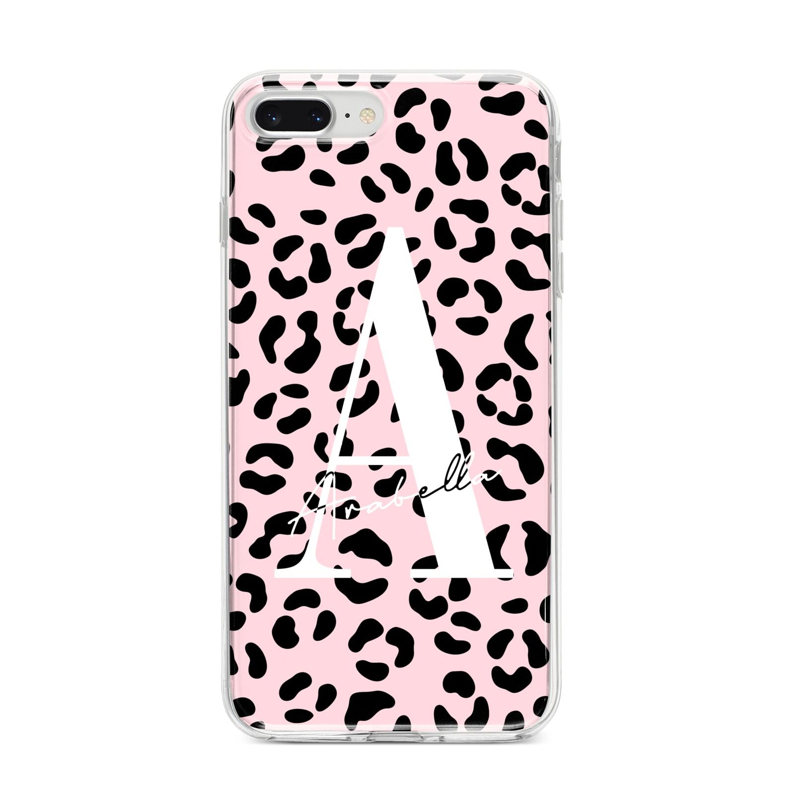 Personalised Leopard Print Pink Black iPhone 8 Plus Bumper Case on Silver iPhone