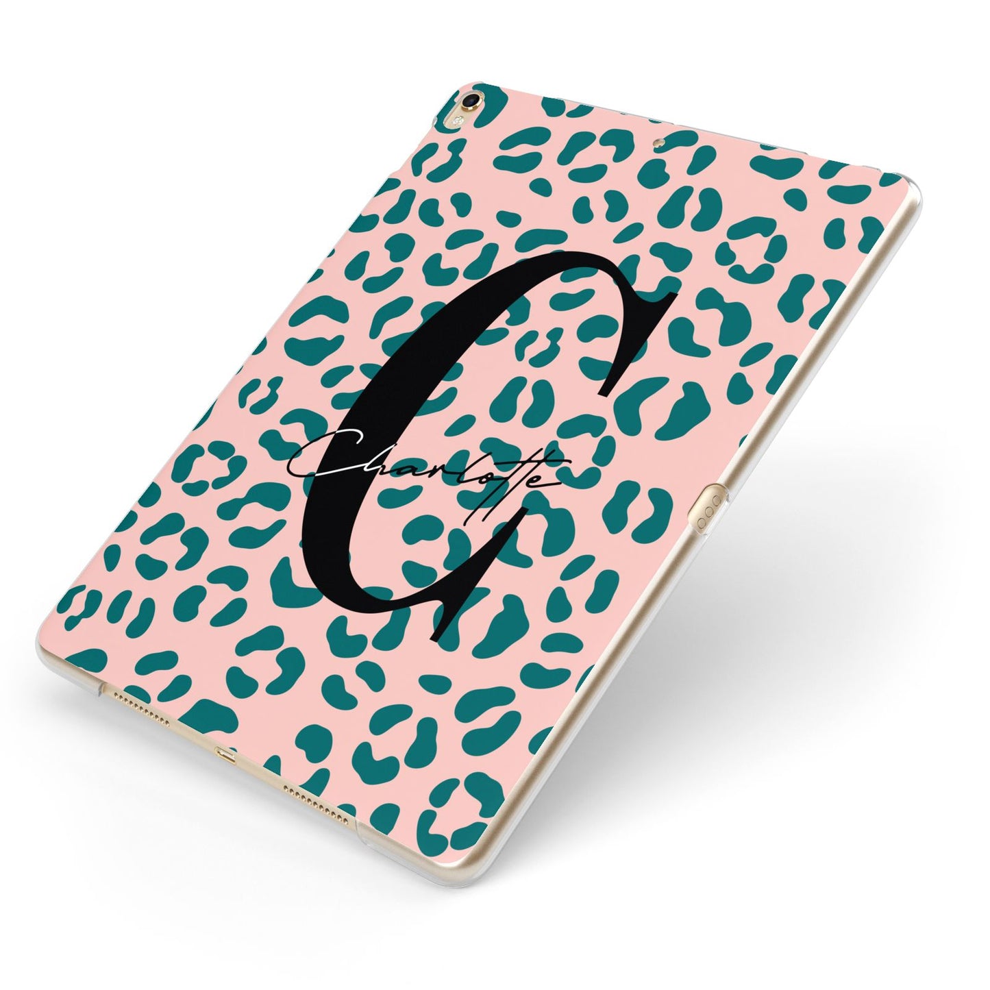 Personalised Leopard Print Pink Green Apple iPad Case on Gold iPad Side View