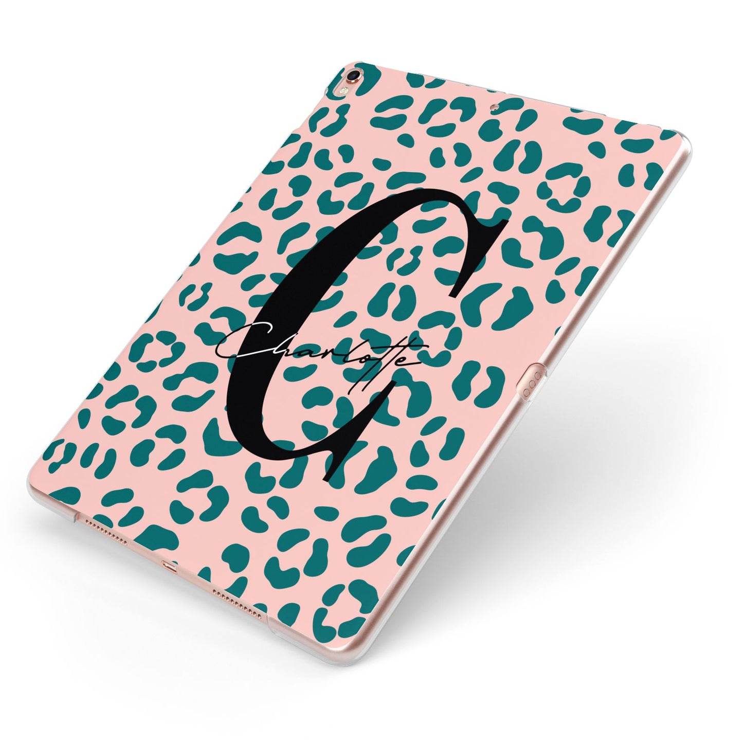 Personalised Leopard Print Pink Green Apple iPad Case on Rose Gold iPad Side View