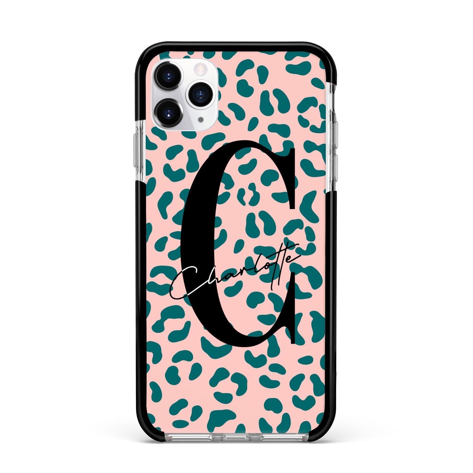 Personalised Leopard Print Pink Green Apple iPhone 11 Pro Max in Silver with Black Impact Case