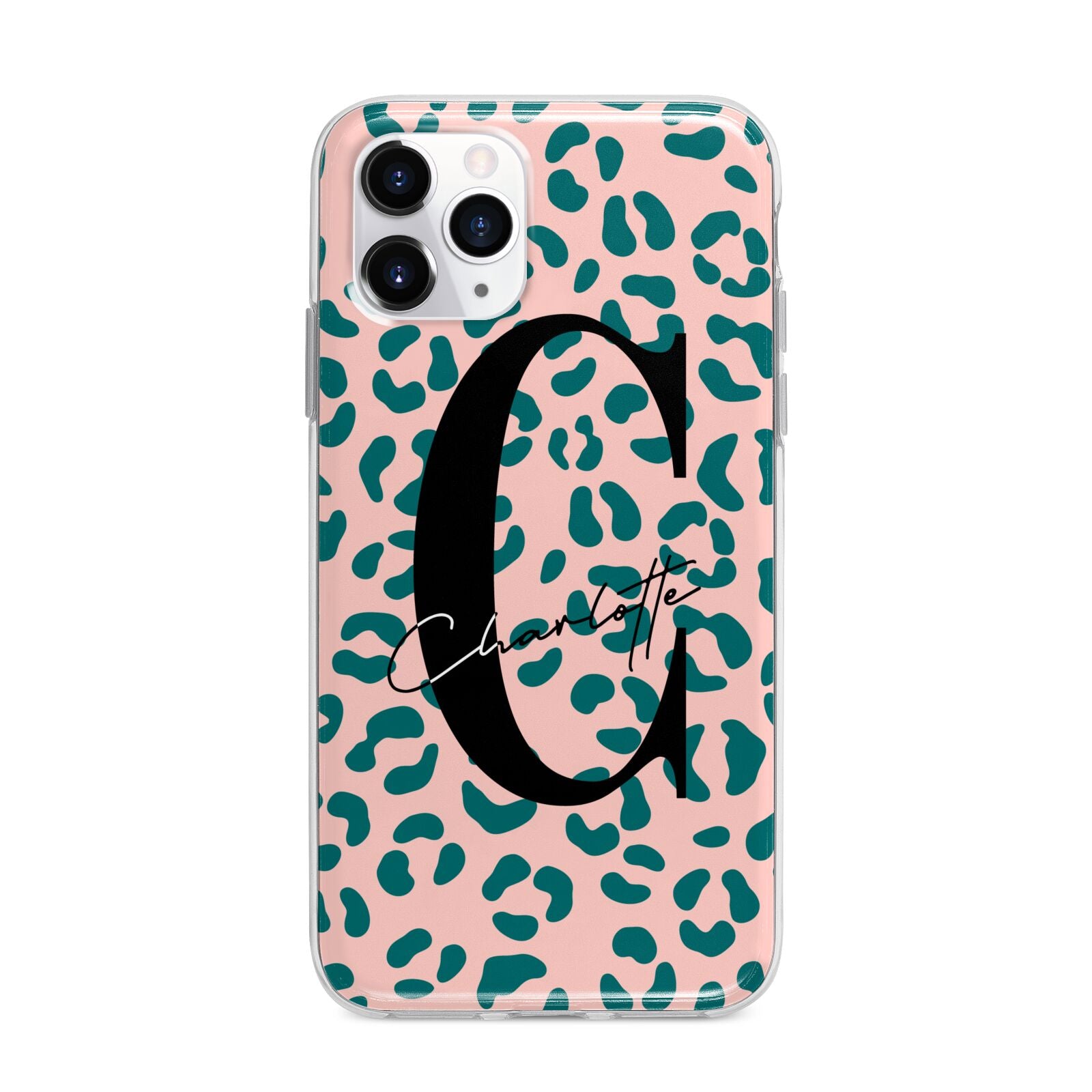 Personalised Leopard Print Pink Green Apple iPhone 11 Pro Max in Silver with Bumper Case