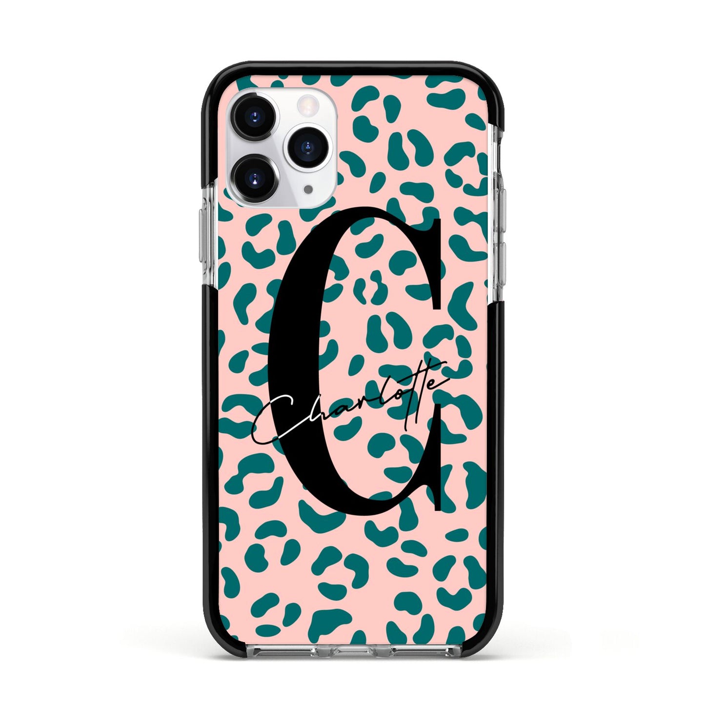 Personalised Leopard Print Pink Green Apple iPhone 11 Pro in Silver with Black Impact Case