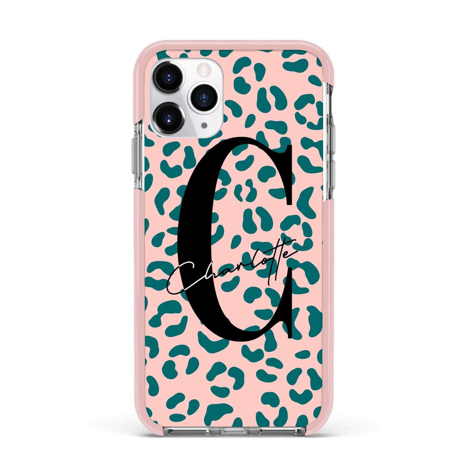 Personalised Leopard Print Pink Green Apple iPhone 11 Pro in Silver with Pink Impact Case