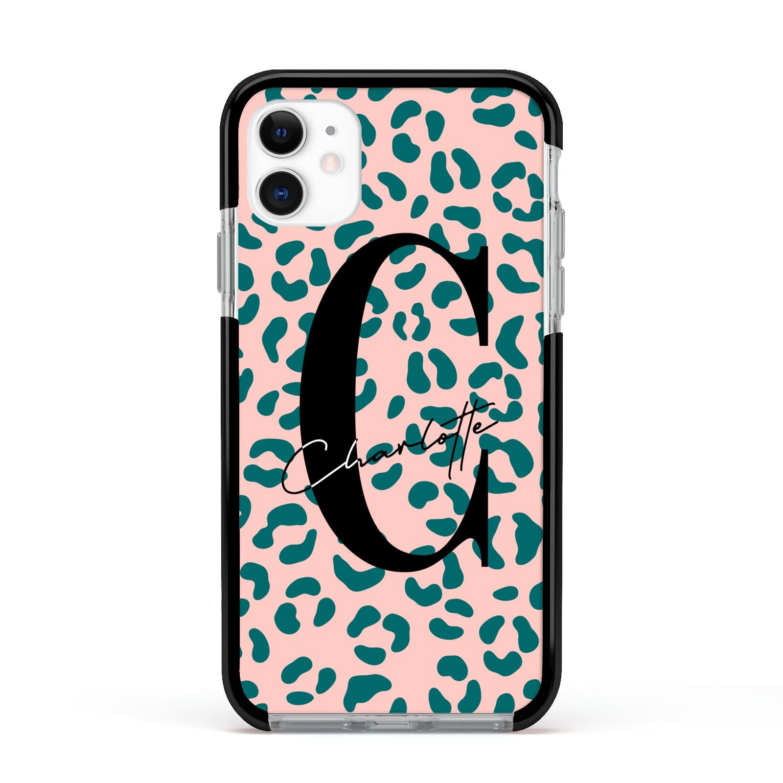 Personalised Leopard Print Pink Green Apple iPhone 11 in White with Black Impact Case
