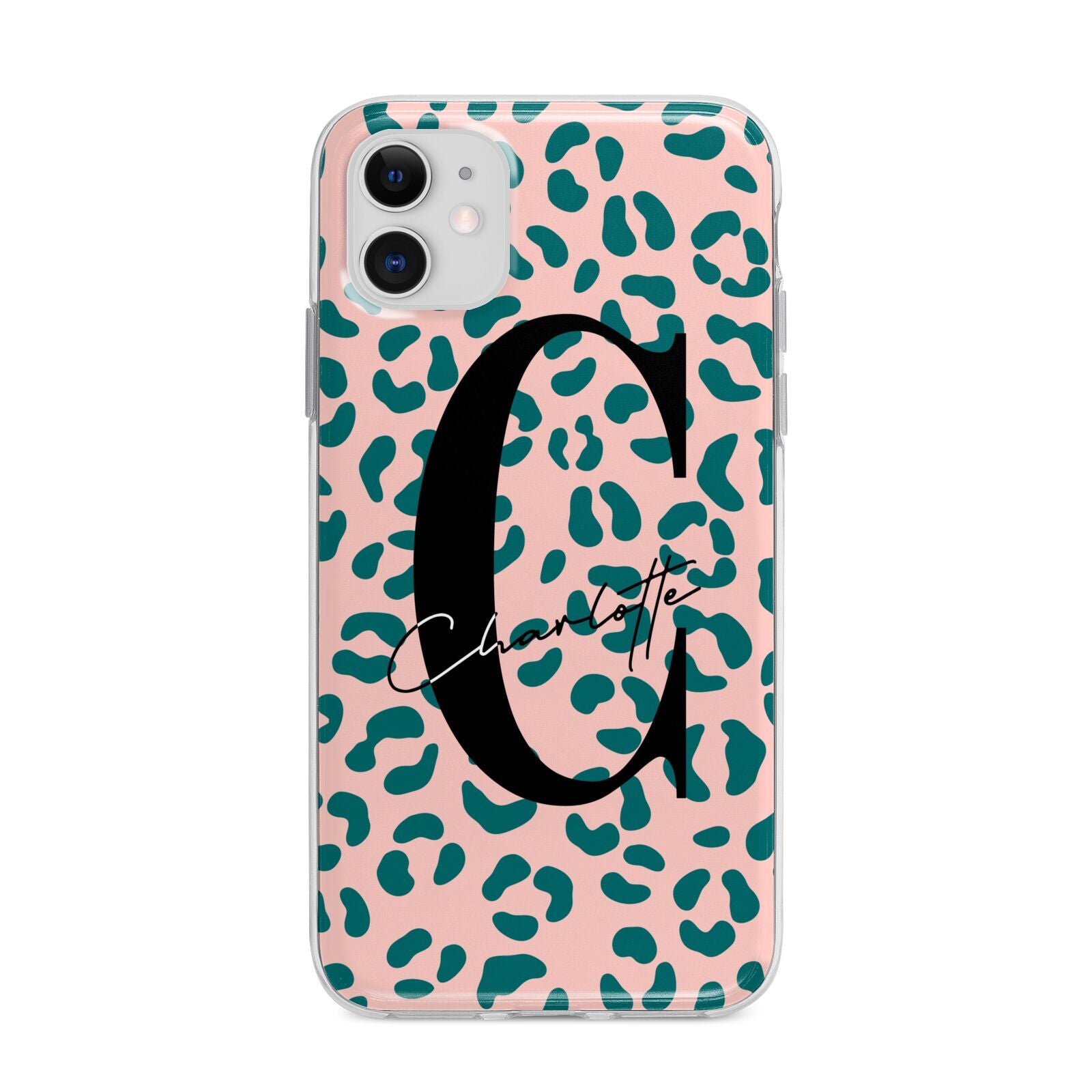 Personalised Leopard Print Pink Green Apple iPhone 11 in White with Bumper Case