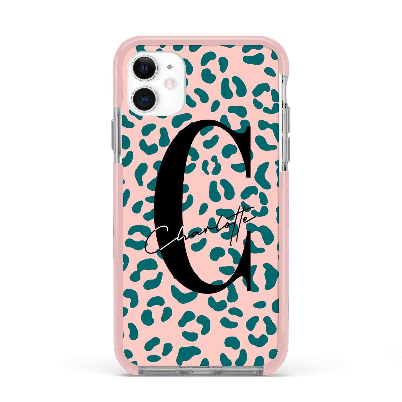 Personalised Leopard Print Pink Green Apple iPhone 11 in White with Pink Impact Case