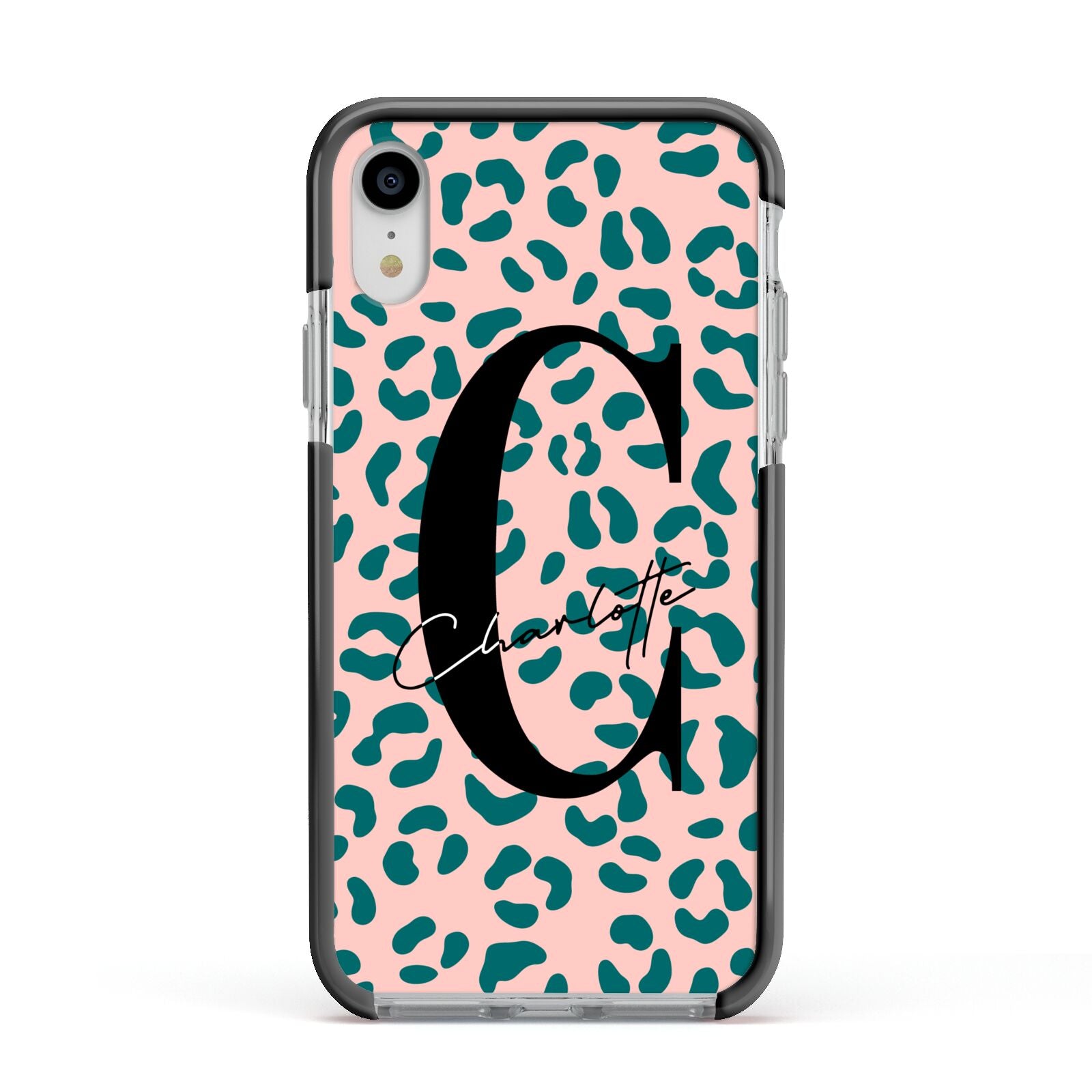 Personalised Leopard Print Pink Green Apple iPhone XR Impact Case Black Edge on Silver Phone