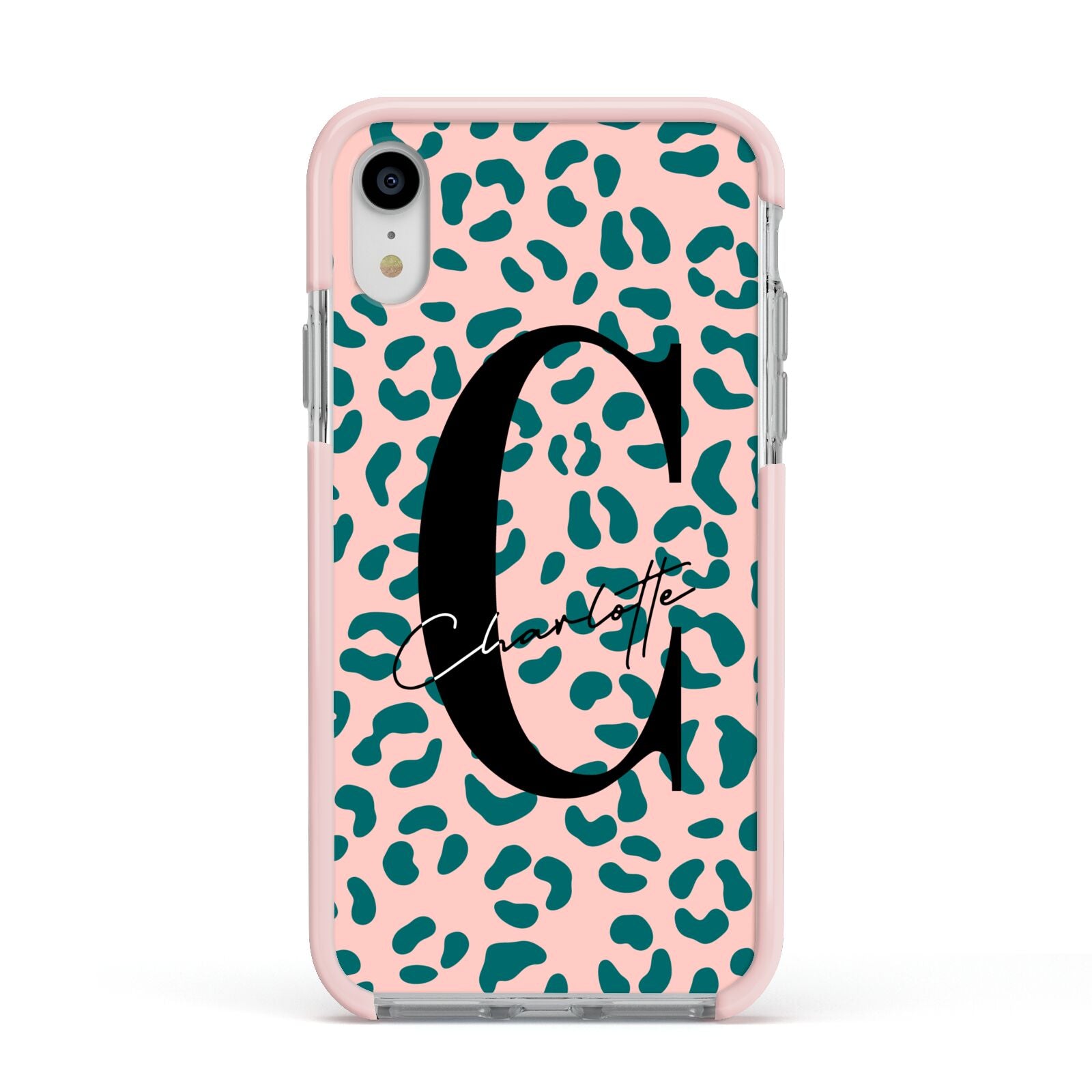 Personalised Leopard Print Pink Green Apple iPhone XR Impact Case Pink Edge on Silver Phone