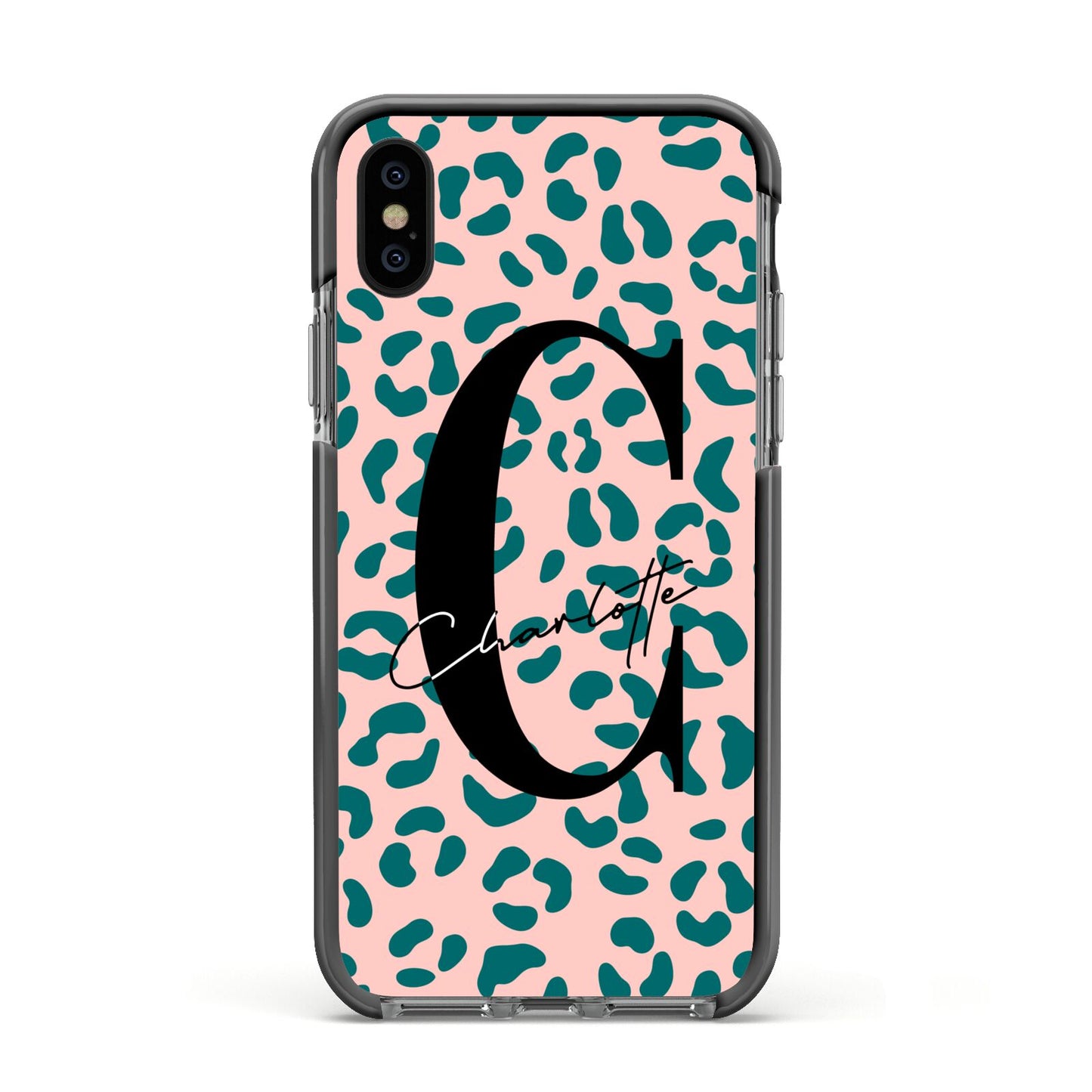 Personalised Leopard Print Pink Green Apple iPhone Xs Impact Case Black Edge on Black Phone