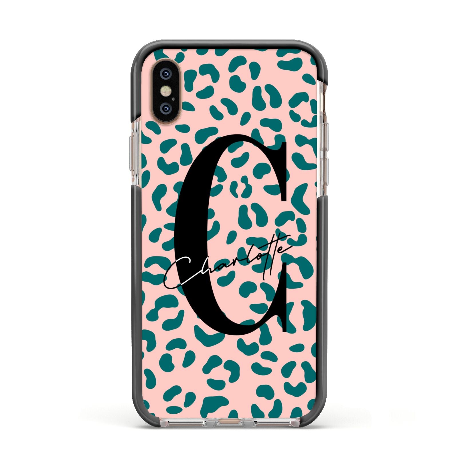 Personalised Leopard Print Pink Green Apple iPhone Xs Impact Case Black Edge on Gold Phone