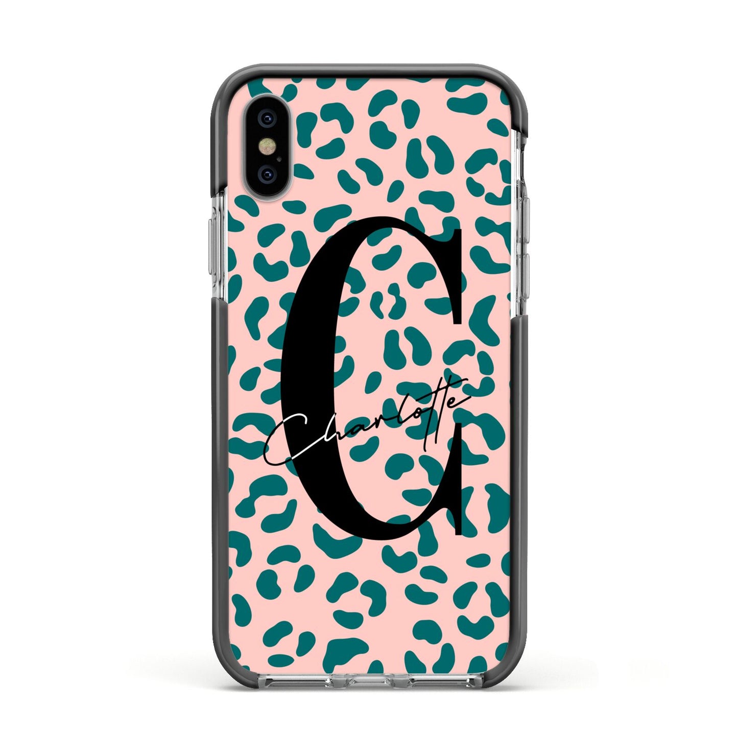 Personalised Leopard Print Pink Green Apple iPhone Xs Impact Case Black Edge on Silver Phone