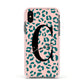 Personalised Leopard Print Pink Green Apple iPhone Xs Impact Case Pink Edge on Black Phone