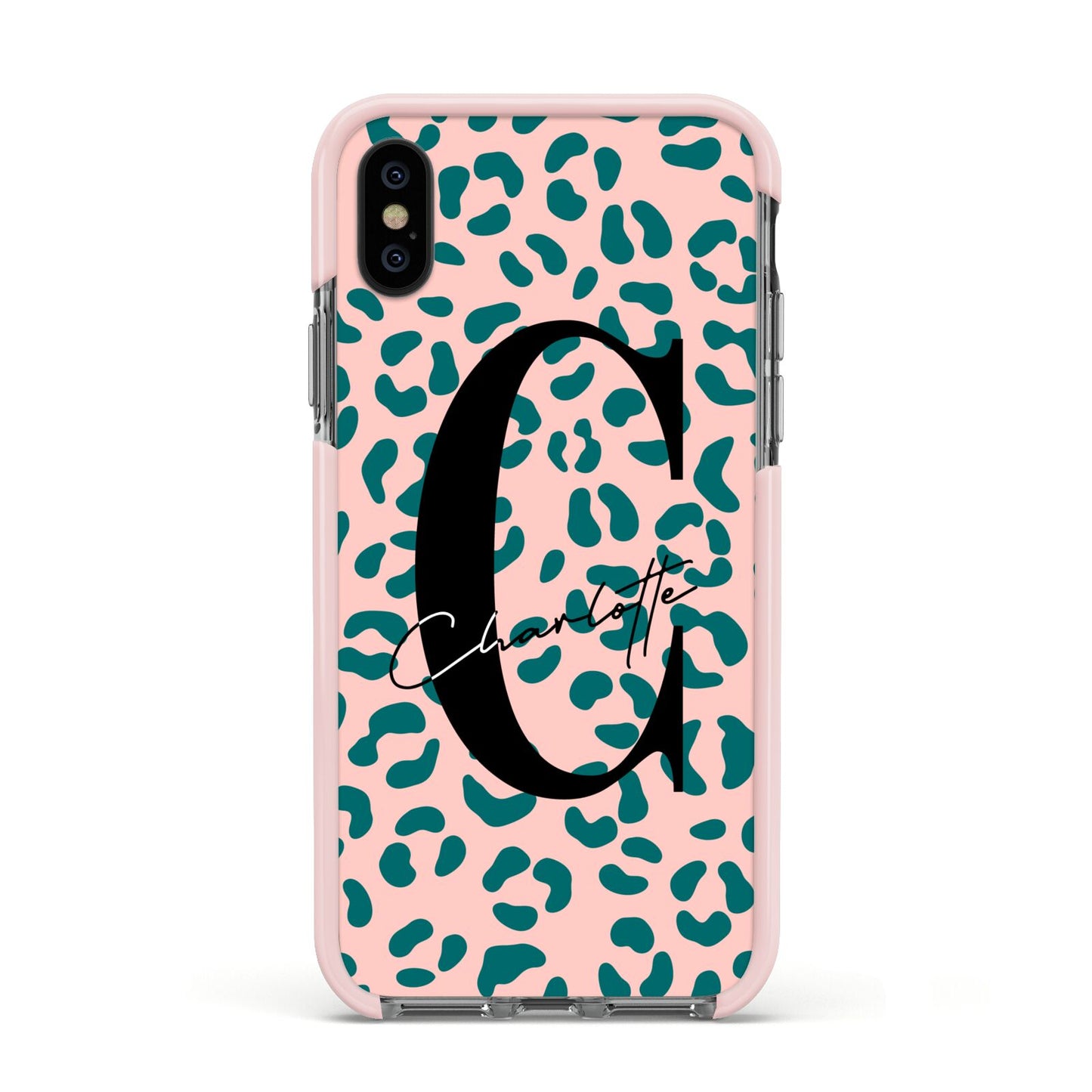 Personalised Leopard Print Pink Green Apple iPhone Xs Impact Case Pink Edge on Black Phone
