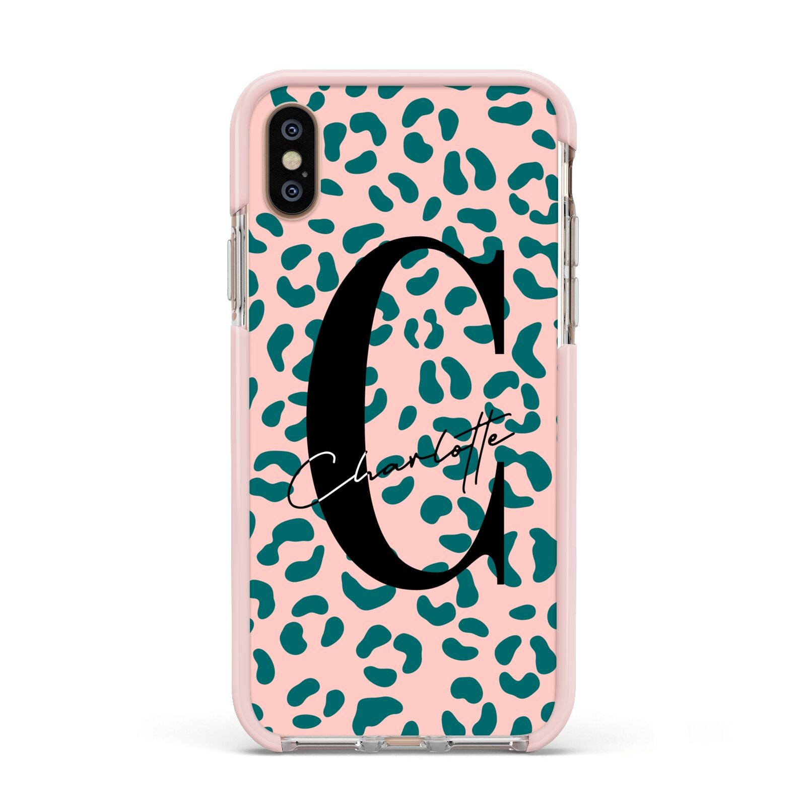 Personalised Leopard Print Pink Green Apple iPhone Xs Impact Case Pink Edge on Gold Phone