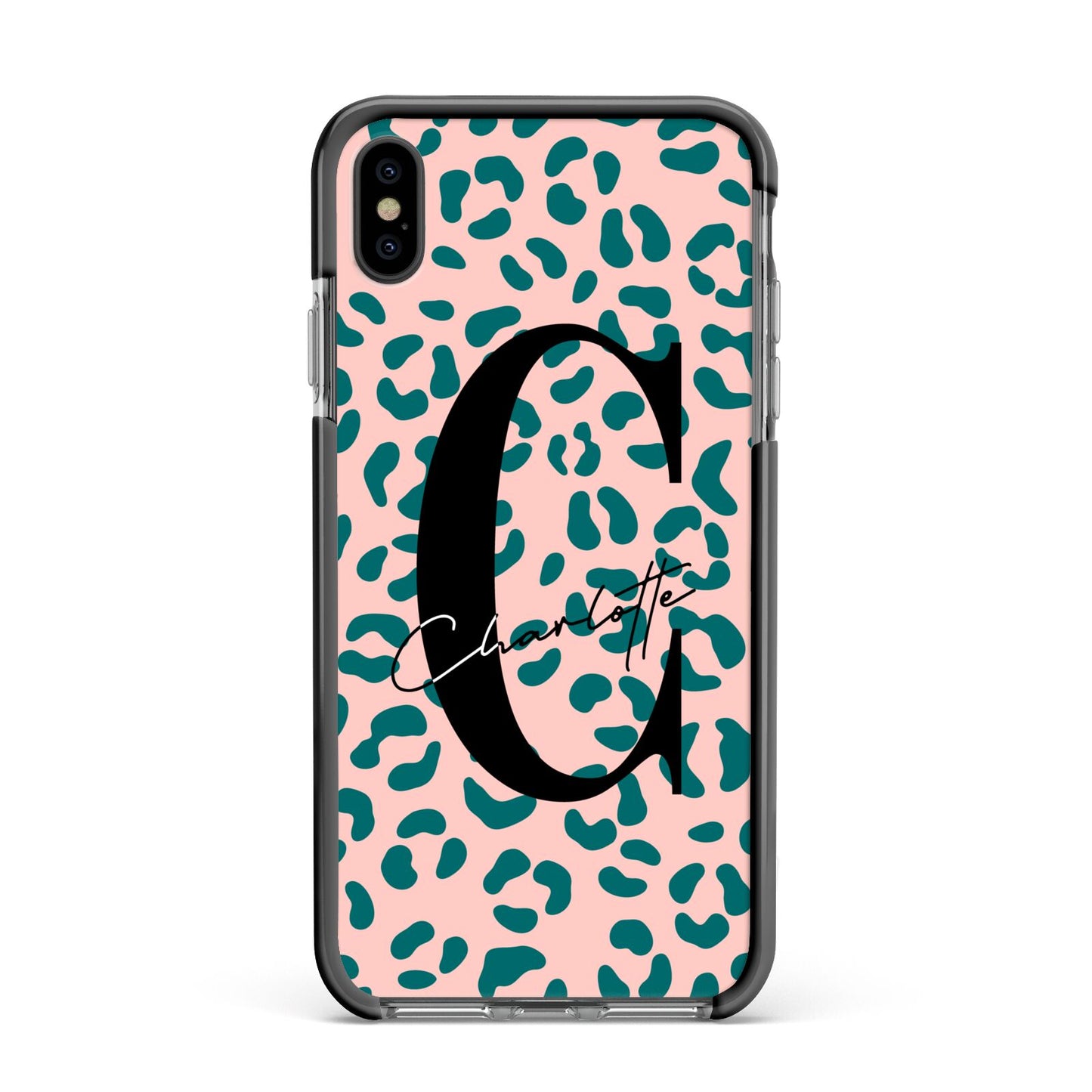 Personalised Leopard Print Pink Green Apple iPhone Xs Max Impact Case Black Edge on Black Phone