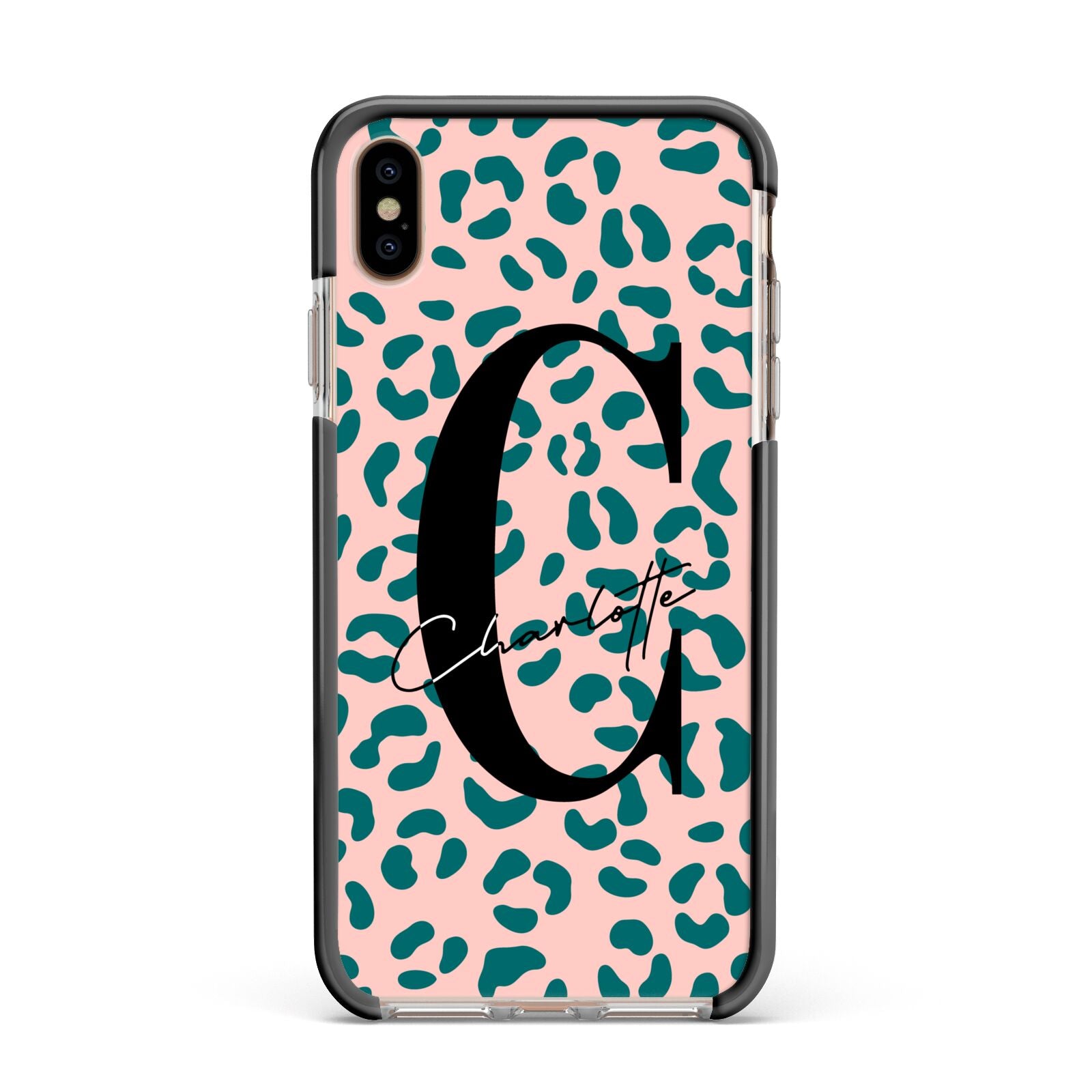 Personalised Leopard Print Pink Green Apple iPhone Xs Max Impact Case Black Edge on Gold Phone