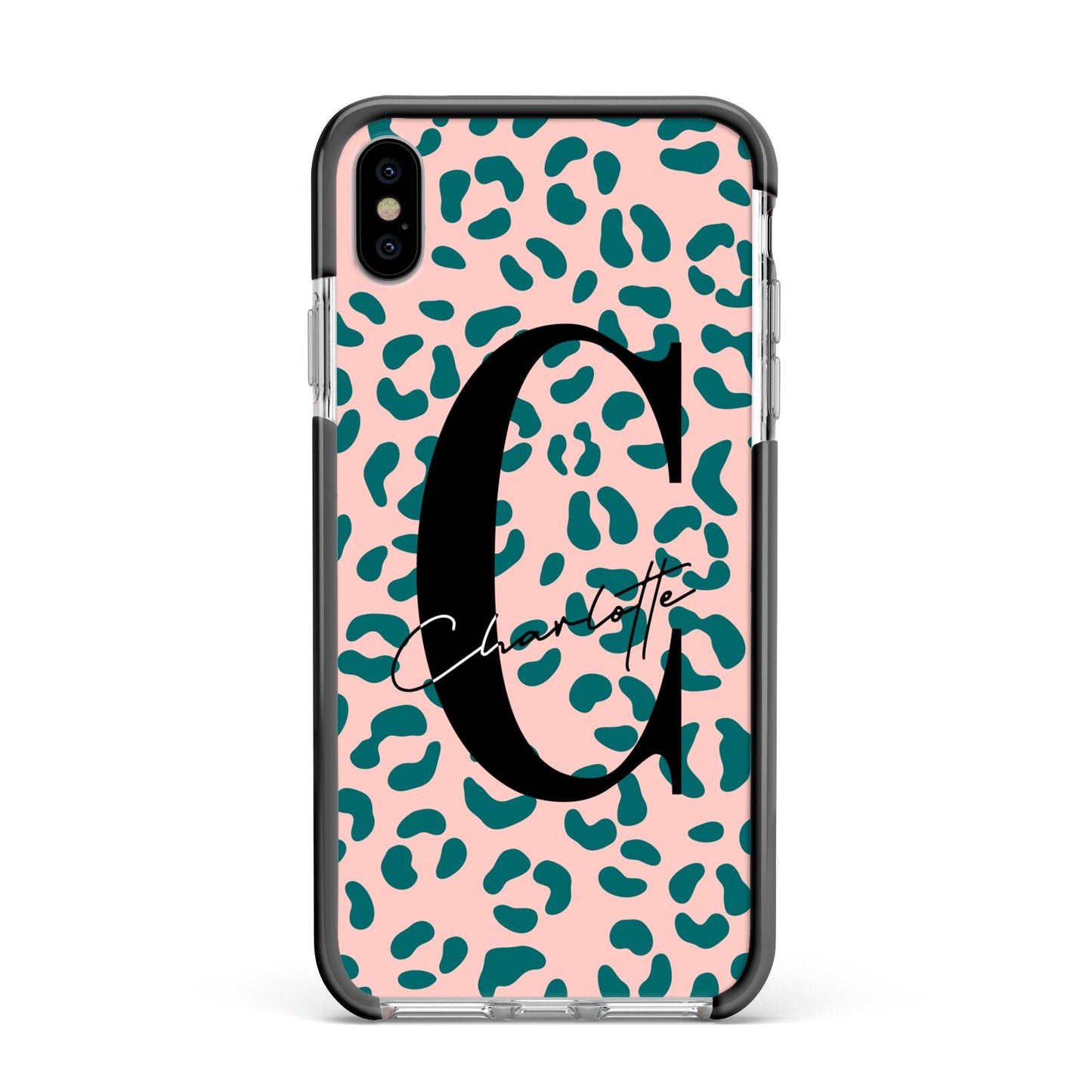 Personalised Leopard Print Pink Green Apple iPhone Xs Max Impact Case Black Edge on Silver Phone