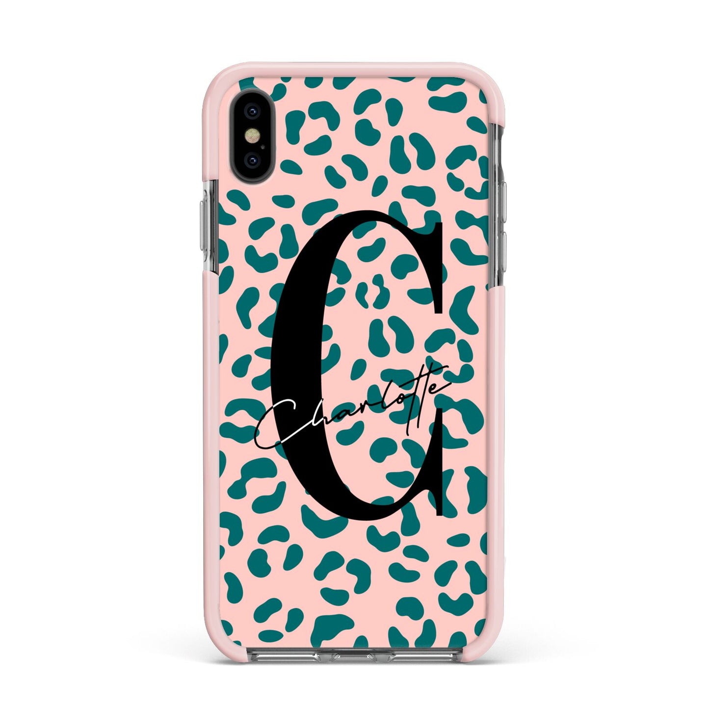Personalised Leopard Print Pink Green Apple iPhone Xs Max Impact Case Pink Edge on Black Phone