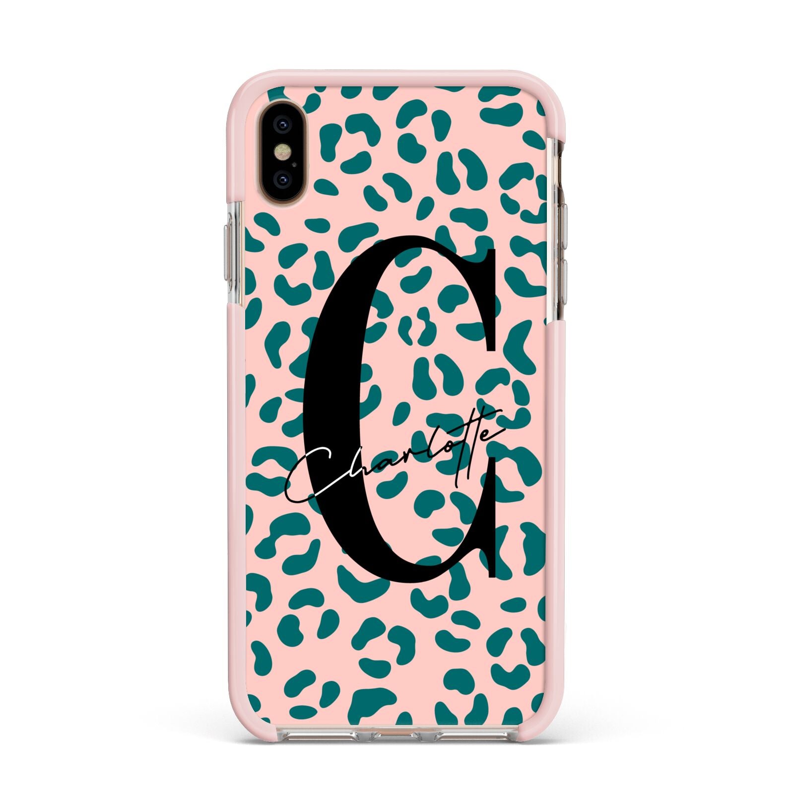 Personalised Leopard Print Pink Green Apple iPhone Xs Max Impact Case Pink Edge on Gold Phone