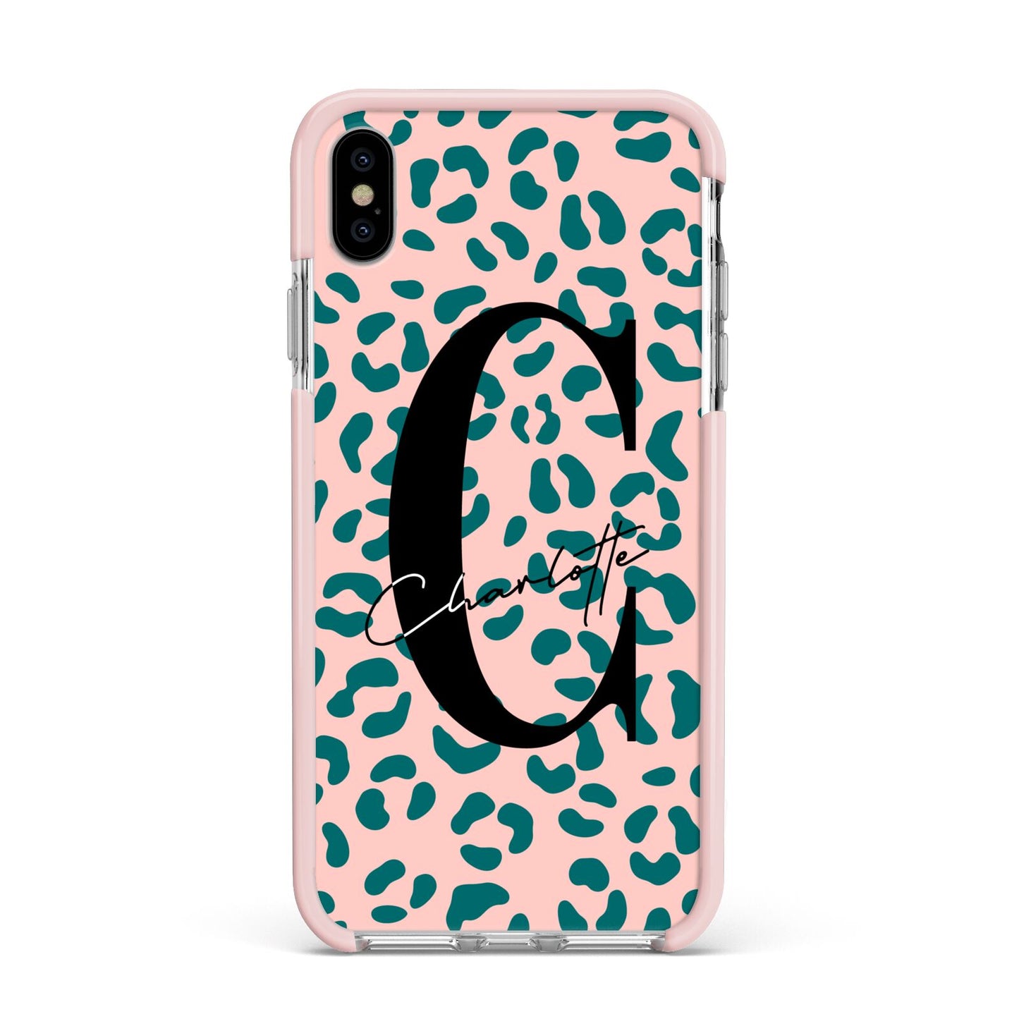Personalised Leopard Print Pink Green Apple iPhone Xs Max Impact Case Pink Edge on Silver Phone