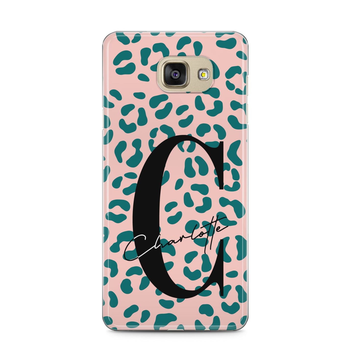 Personalised Leopard Print Pink Green Samsung Galaxy A5 2016 Case on gold phone