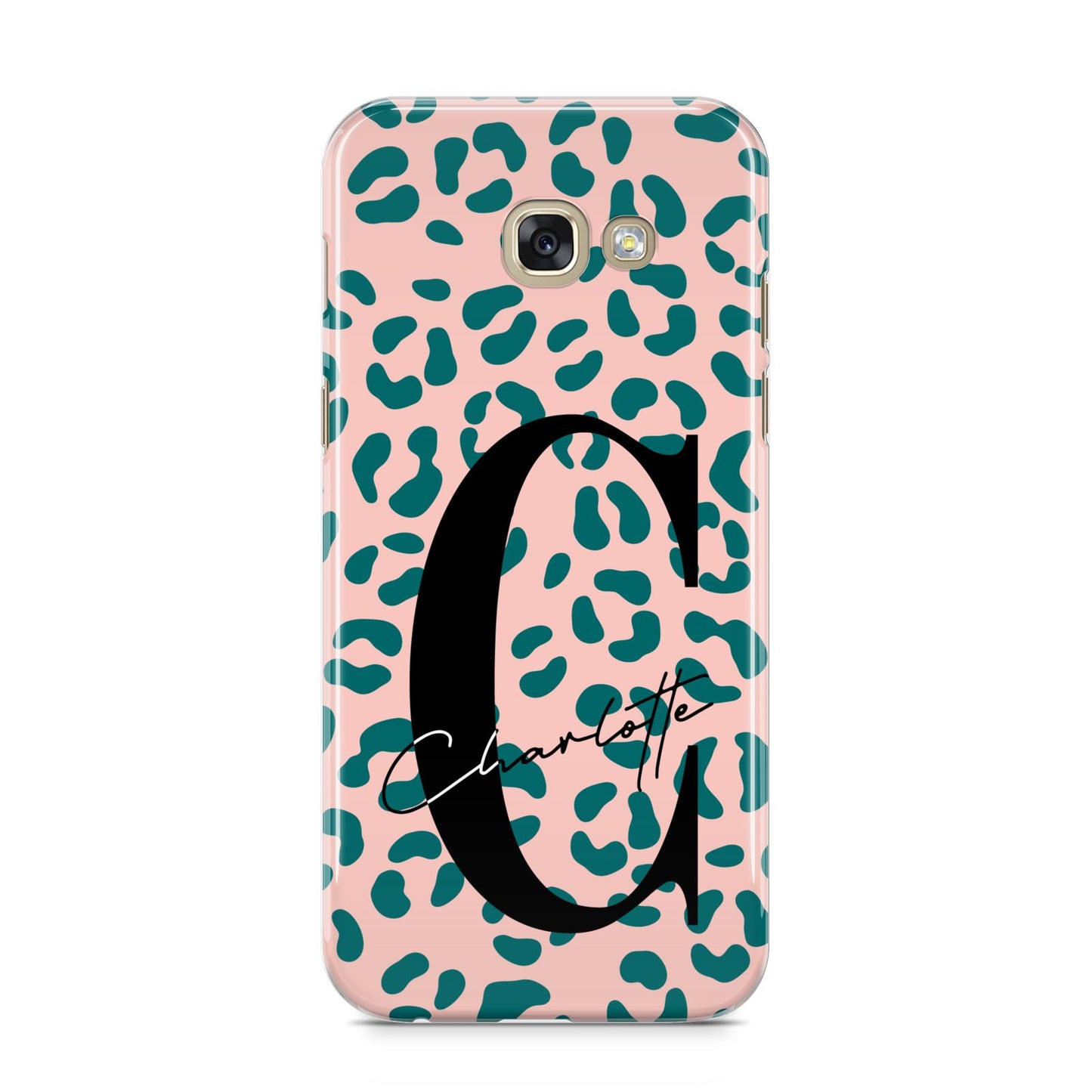 Personalised Leopard Print Pink Green Samsung Galaxy A5 2017 Case on gold phone