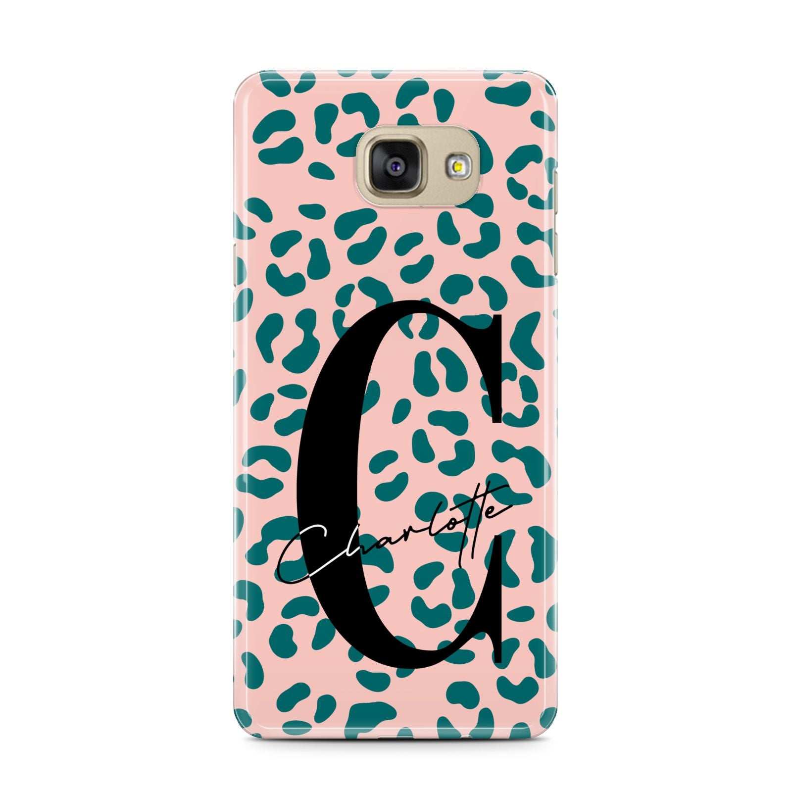Personalised Leopard Print Pink Green Samsung Galaxy A7 2016 Case on gold phone