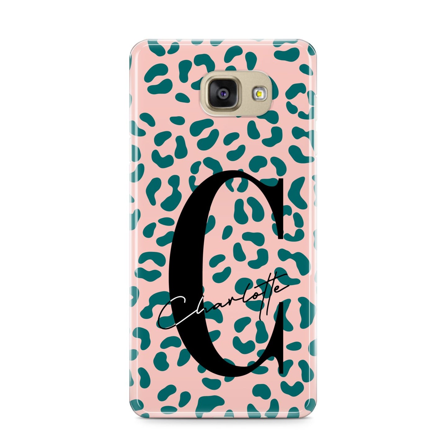 Personalised Leopard Print Pink Green Samsung Galaxy A9 2016 Case on gold phone
