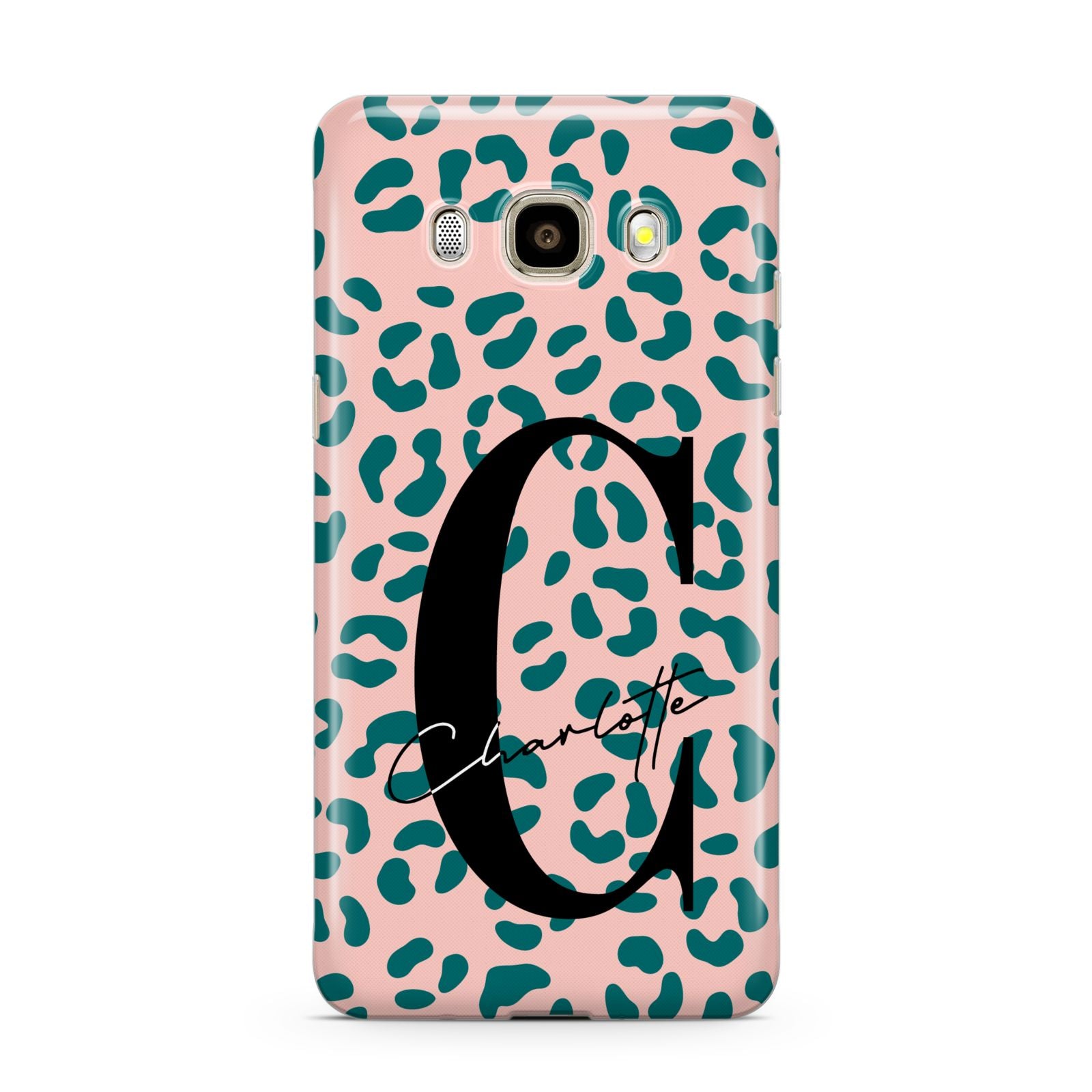 Personalised Leopard Print Pink Green Samsung Galaxy J7 2016 Case on gold phone