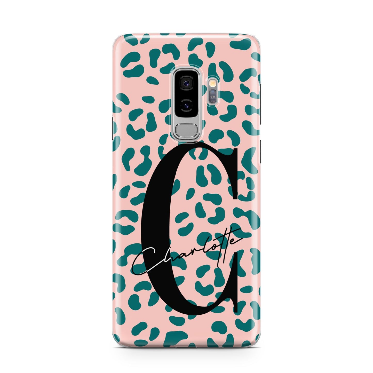 Personalised Leopard Print Pink Green Samsung Galaxy S9 Plus Case on Silver phone
