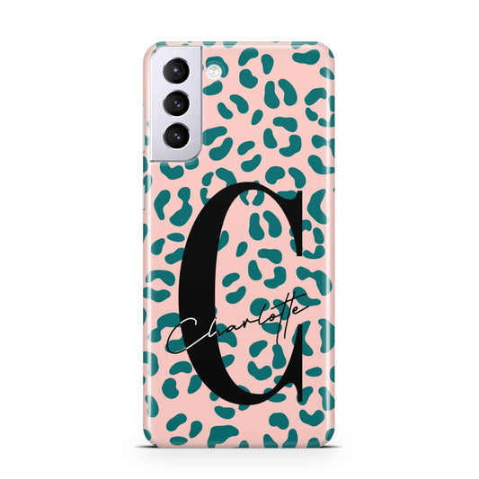 Personalised Leopard Print Pink Green Samsung S21 Plus Phone Case