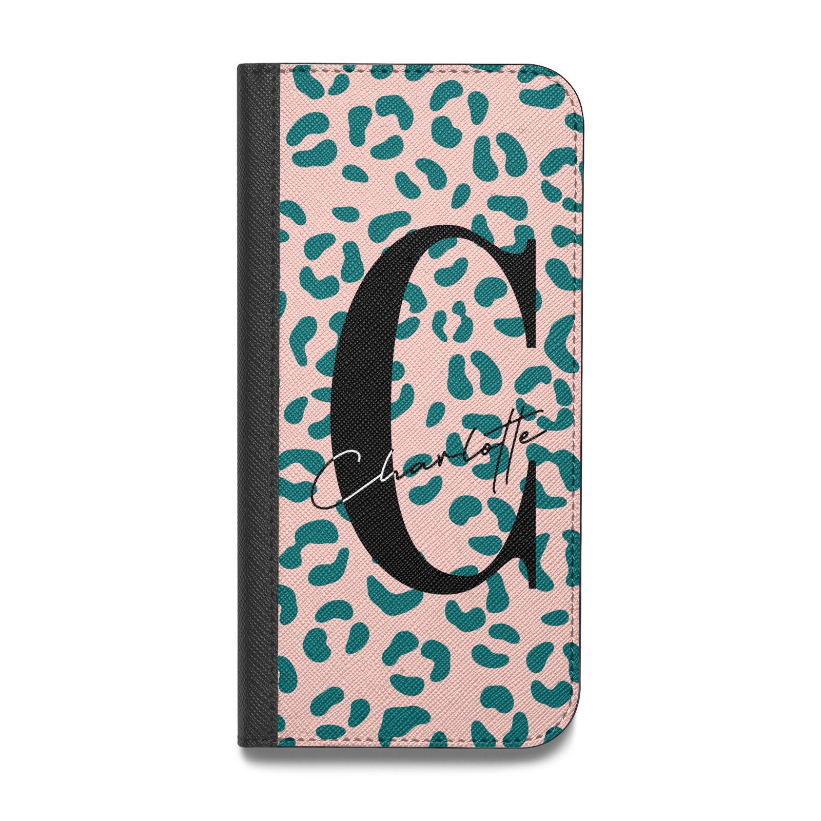 Personalised Leopard Print Pink Green Vegan Leather Flip Samsung Case