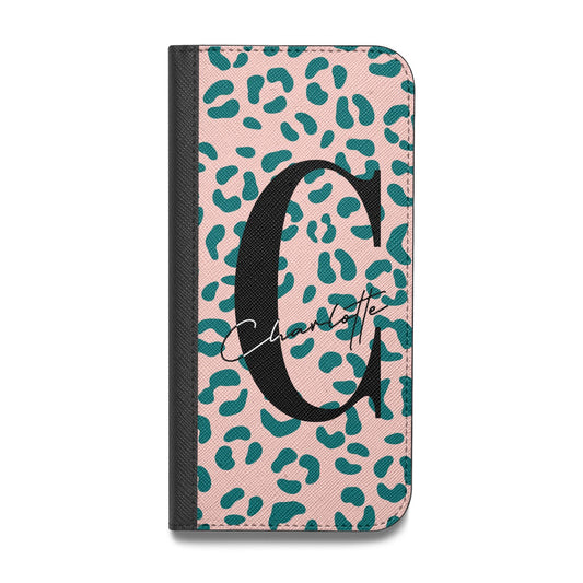 Personalised Leopard Print Pink Green Vegan Leather Flip Samsung Case