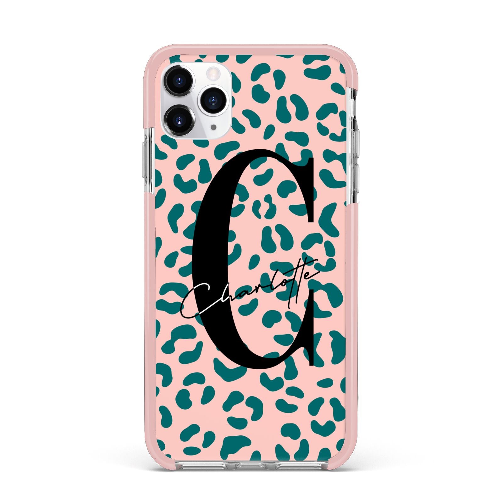Personalised Leopard Print Pink Green iPhone 11 Pro Max Impact Pink Edge Case