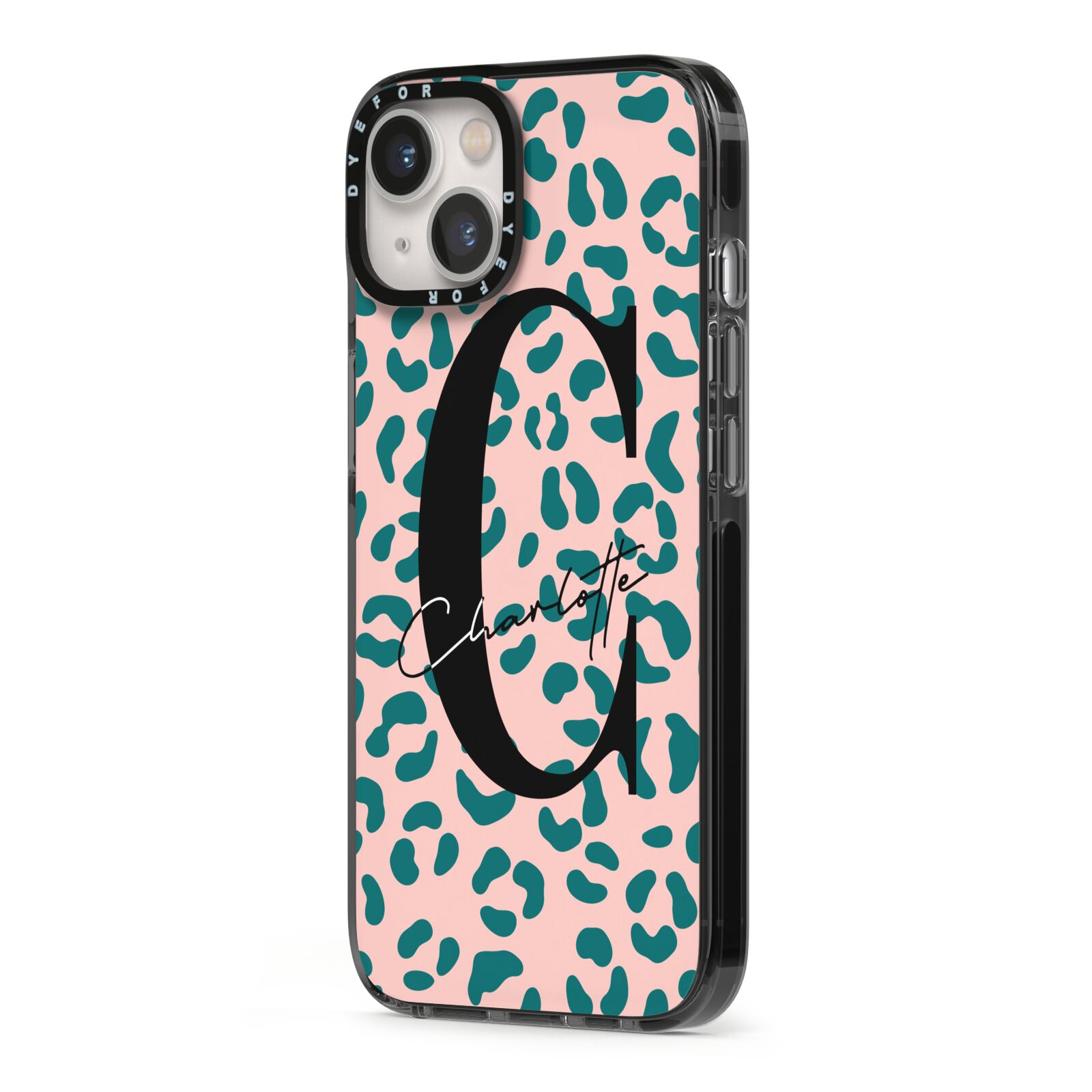 Personalised Leopard Print Pink Green iPhone 13 Black Impact Case Side Angle on Silver phone