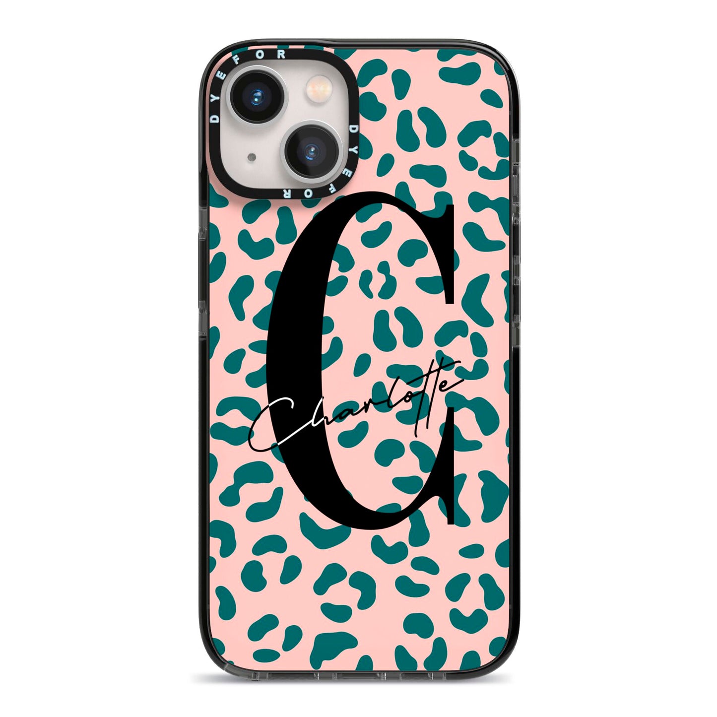 Personalised Leopard Print Pink Green iPhone 13 Black Impact Case on Silver phone