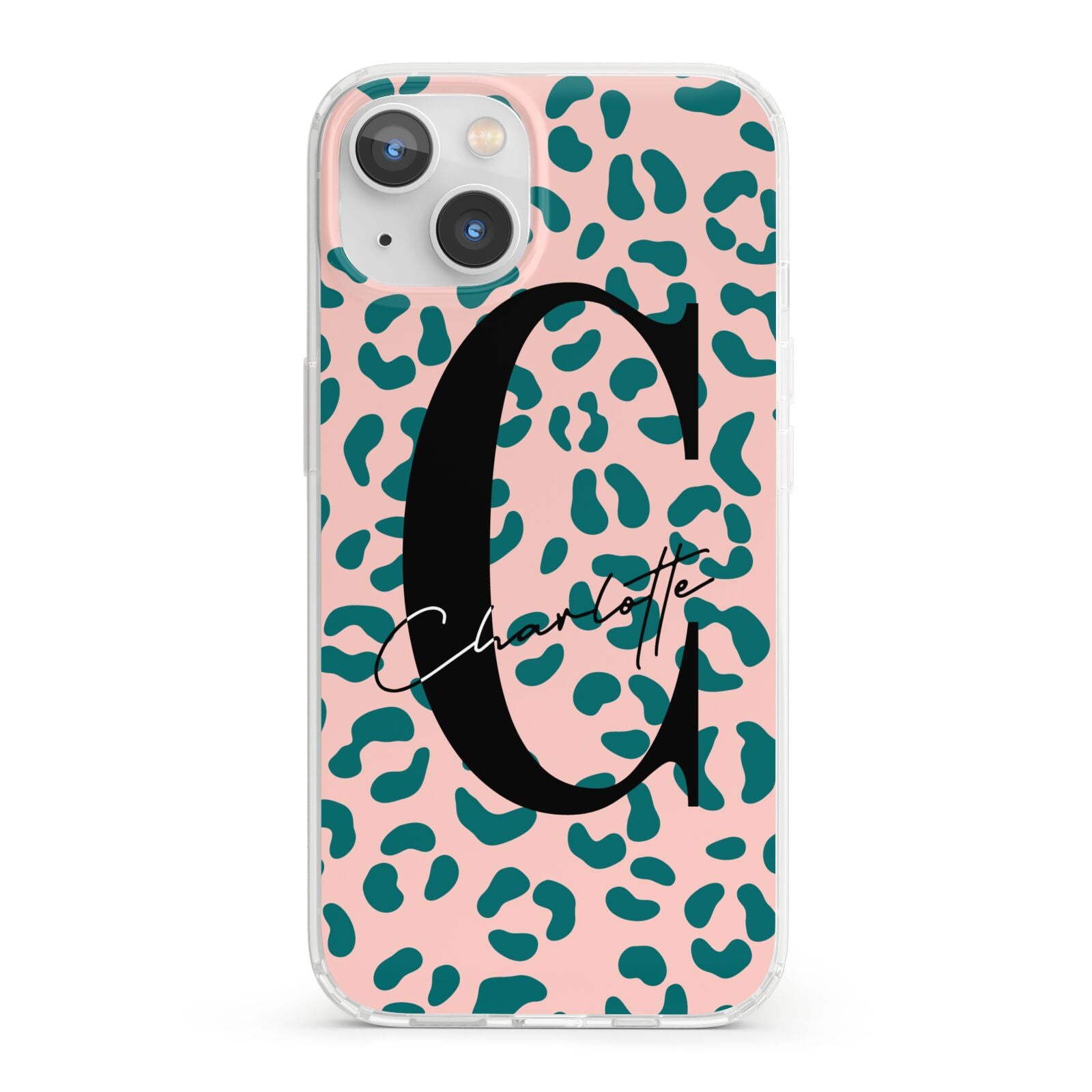 Personalised Leopard Print Pink Green iPhone 13 Clear Bumper Case