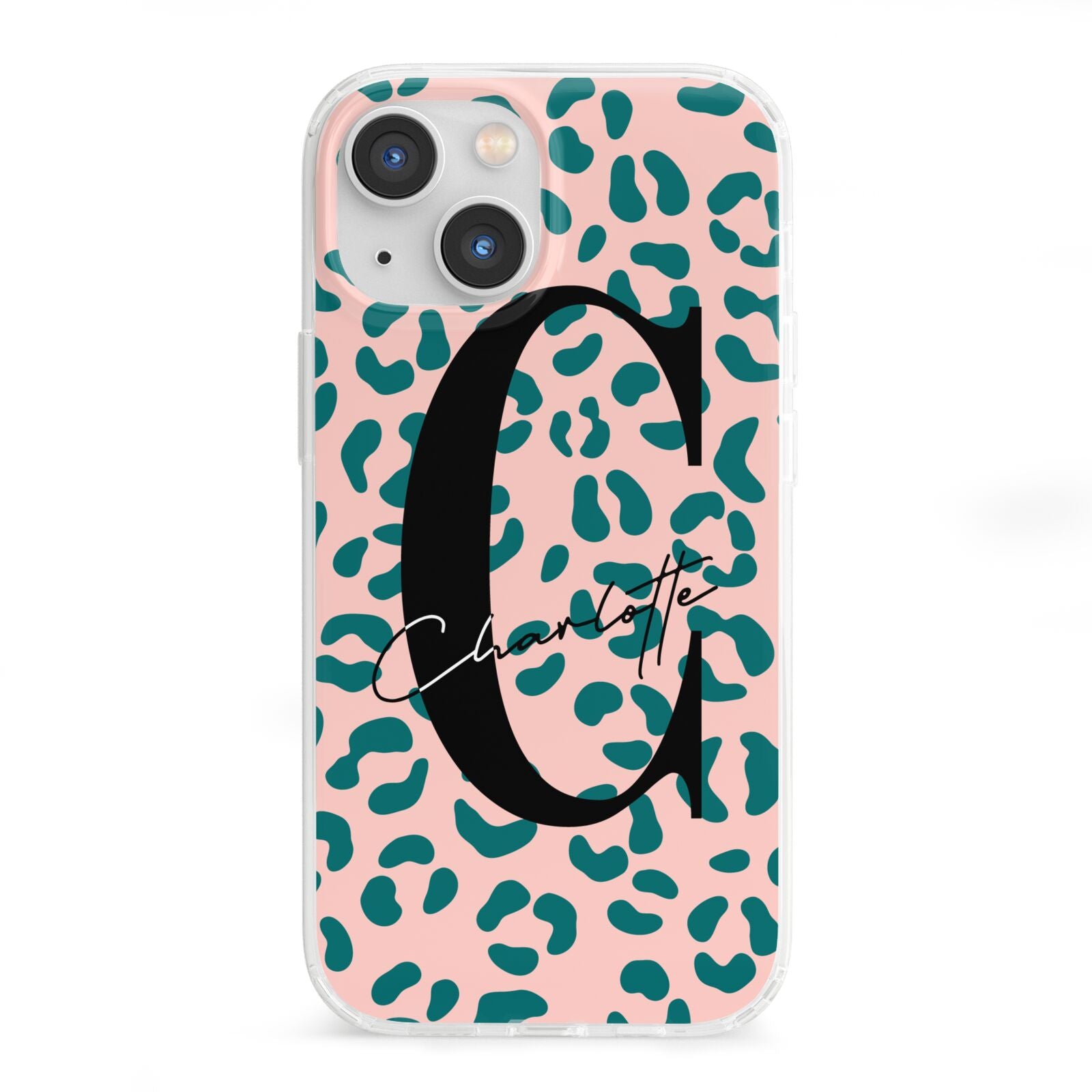 Personalised Leopard Print Pink Green iPhone 13 Mini Clear Bumper Case