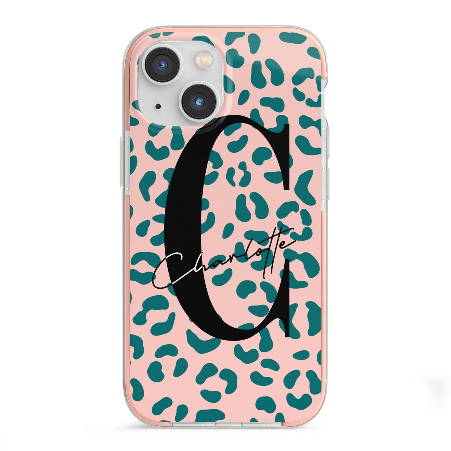 Personalised Leopard Print Pink Green iPhone 13 Mini TPU Impact Case with Pink Edges