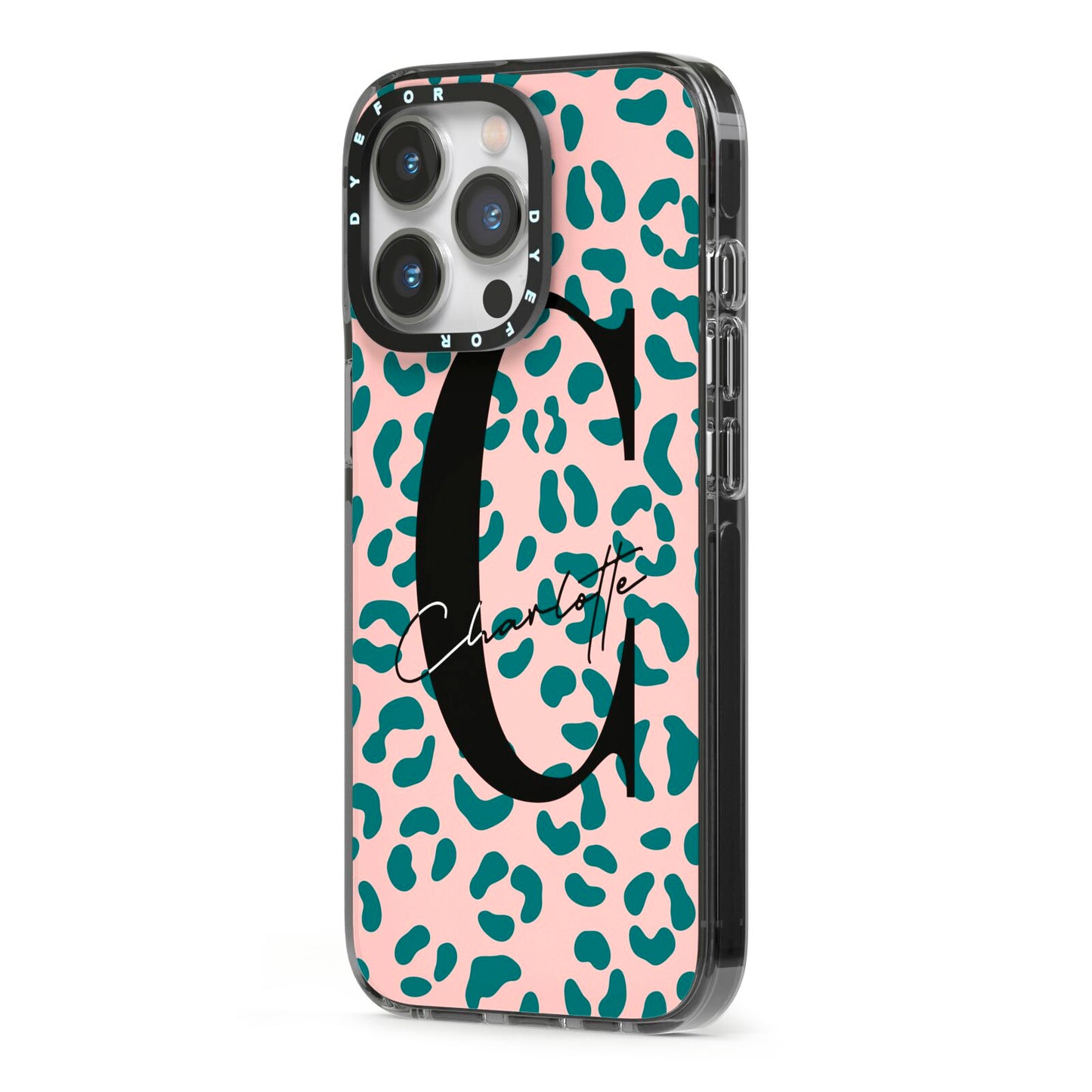 Personalised Leopard Print Pink Green iPhone 13 Pro Black Impact Case Side Angle on Silver phone