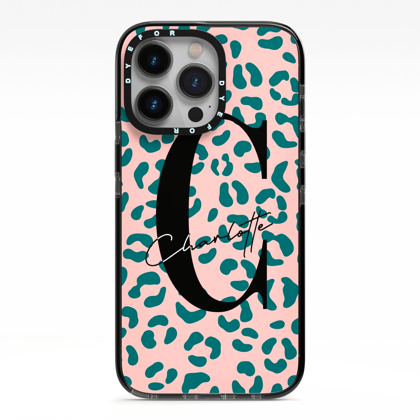 Personalised Leopard Print Pink Green iPhone 13 Pro Black Impact Case on Silver phone