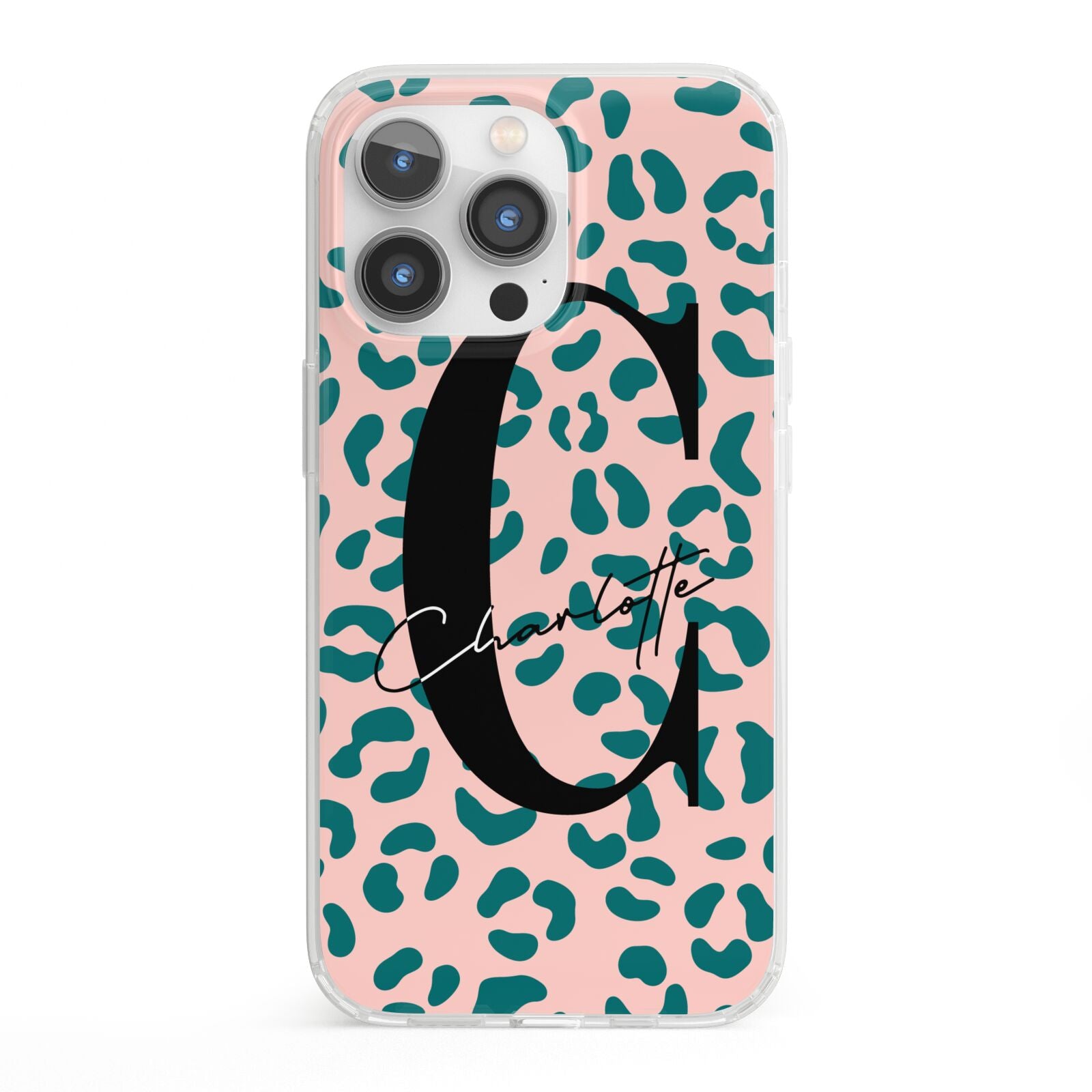 Personalised Leopard Print Pink Green iPhone 13 Pro Clear Bumper Case