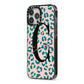Personalised Leopard Print Pink Green iPhone 13 Pro Max Black Impact Case Side Angle on Silver phone