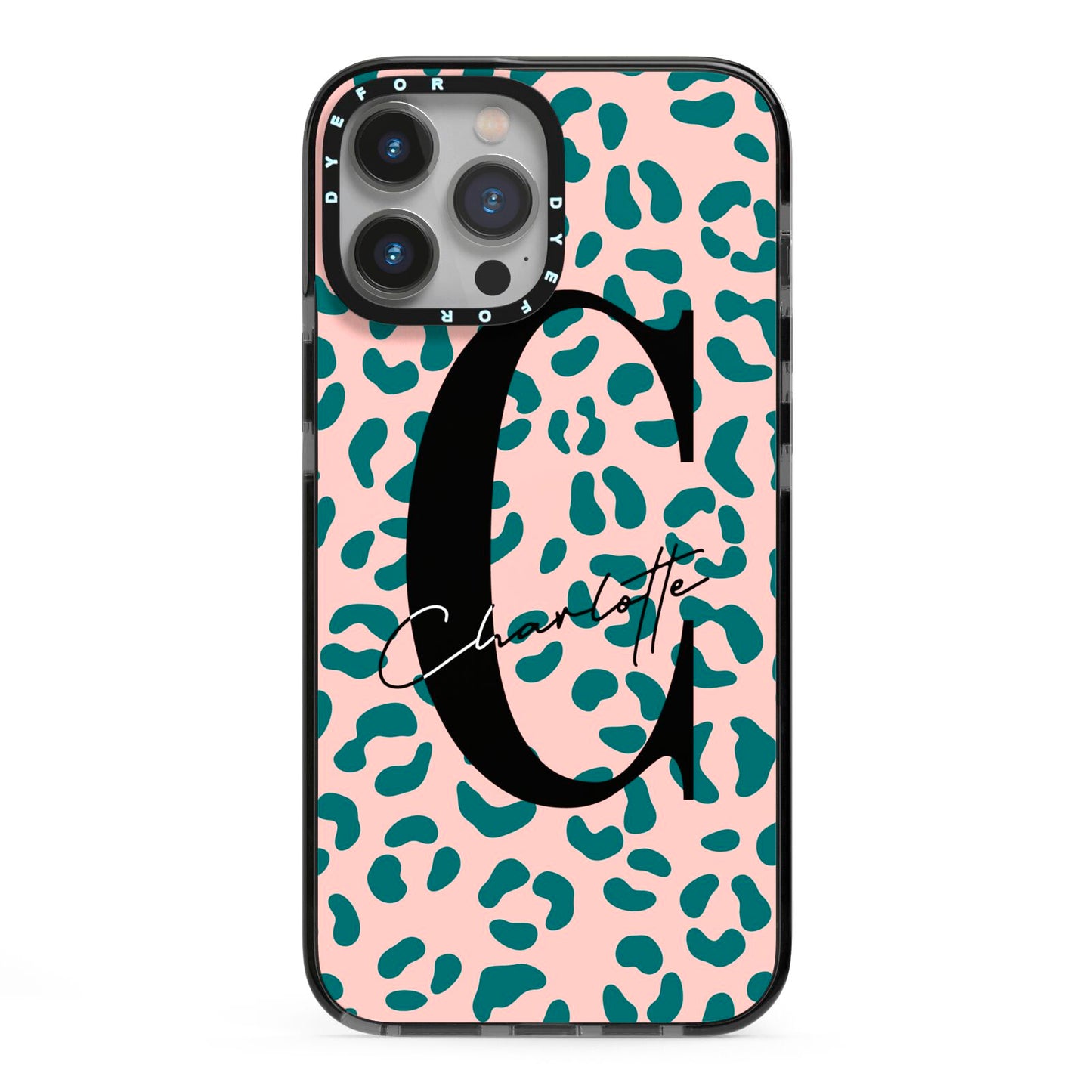 Personalised Leopard Print Pink Green iPhone 13 Pro Max Black Impact Case on Silver phone