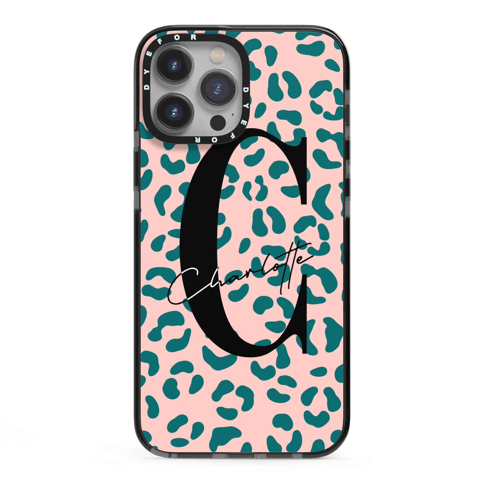 Personalised Leopard Print Pink Green iPhone 13 Pro Max Black Impact Case on Silver phone