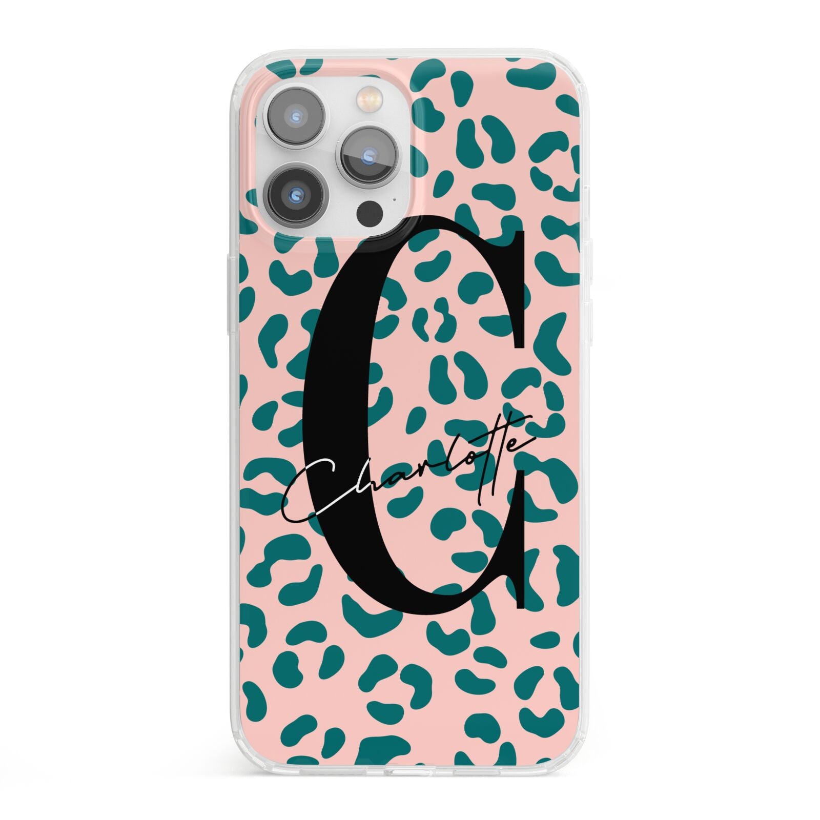 Personalised Leopard Print Pink Green iPhone 13 Pro Max Clear Bumper Case